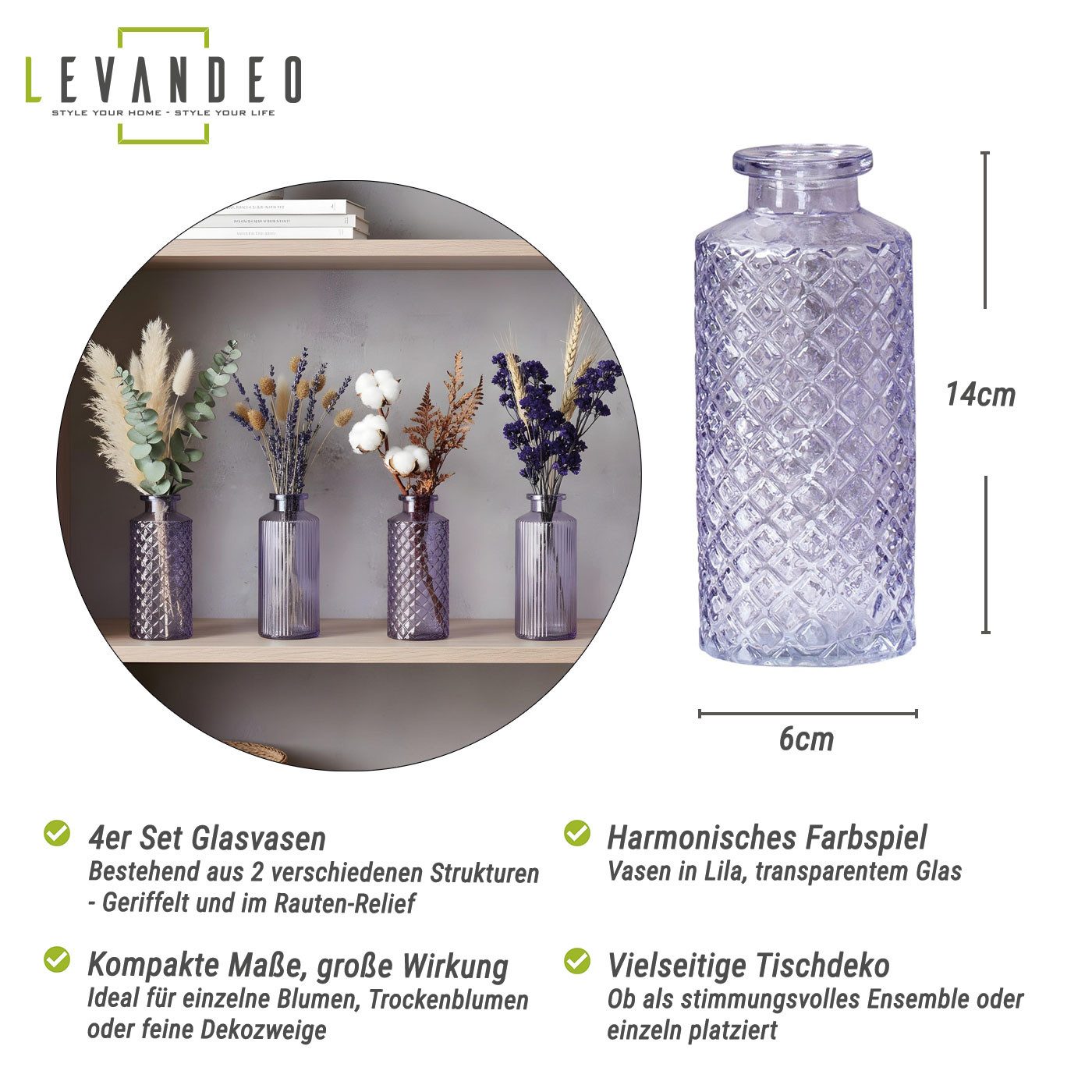 Levandeo® Dekovase, 4er Set Vase Glas Lila H14cm Violett Pastell Blumenvase Tischdeko
