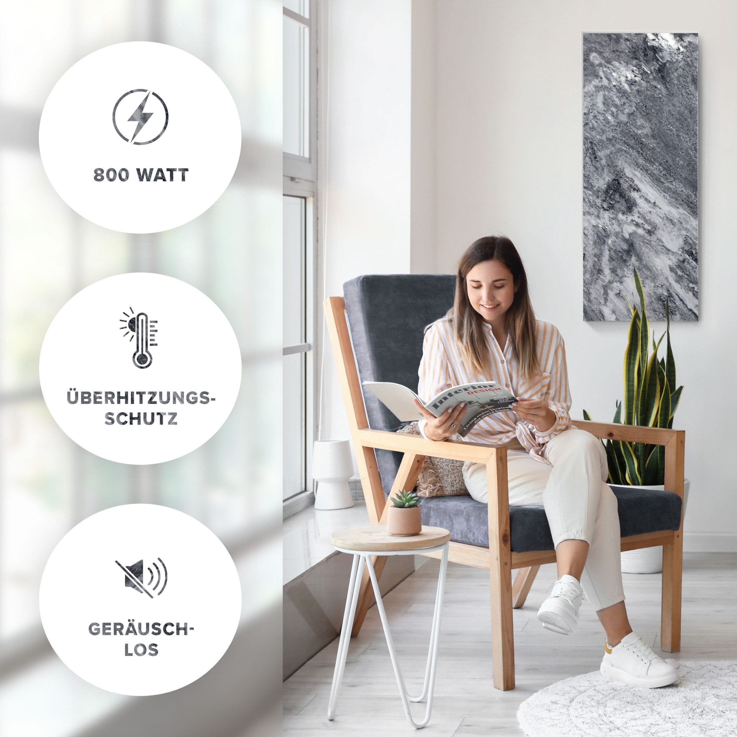 Marwona GmbH Infrarotheizung Naturstein-Infrarotheizung für Wandmontage mit Funk-Thermostat 800 W, 2 cm flach, IP34, Wärmespeicher, für Räume 10–25 m² – Shadow Grey