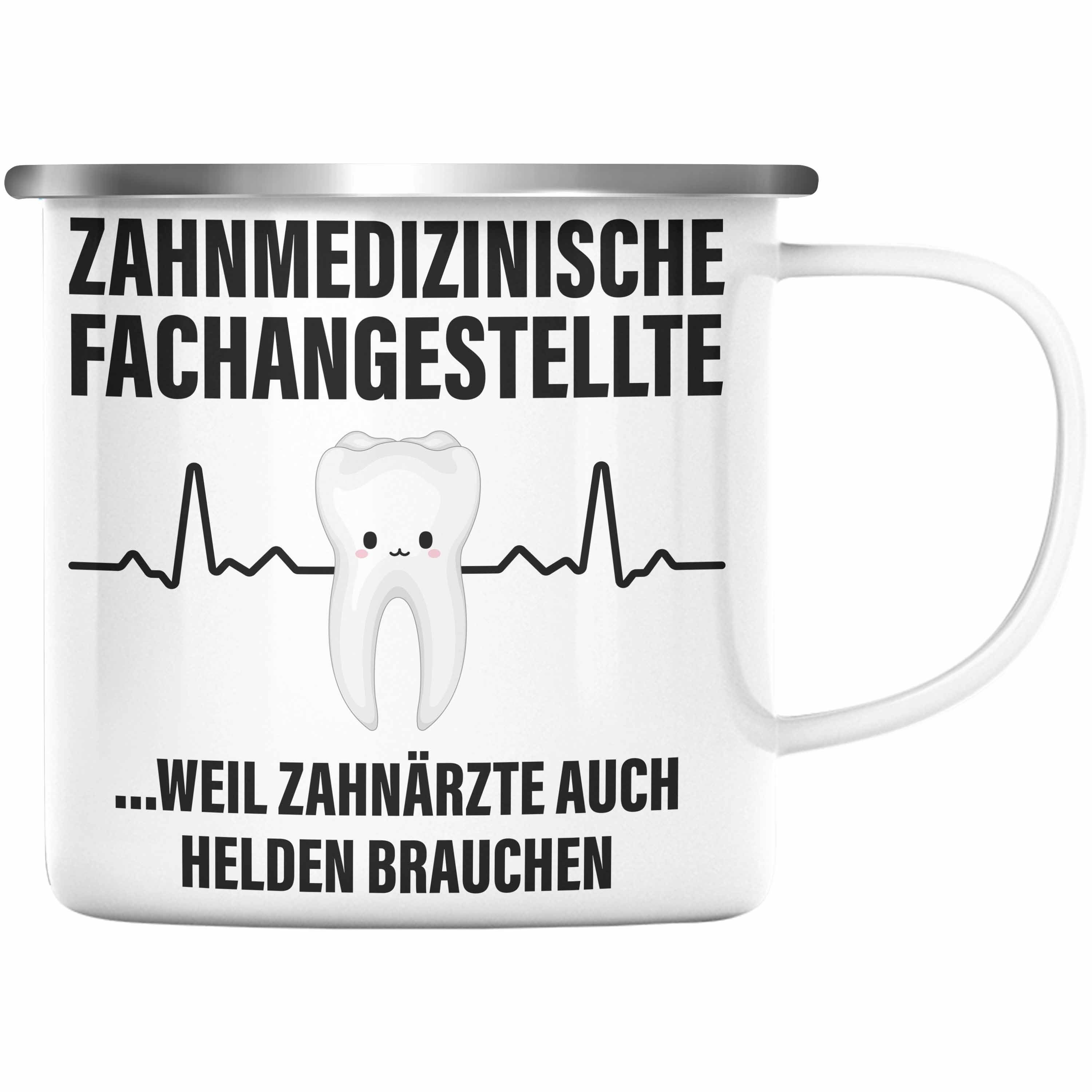 Trendation Thermotasse Trendation - Zahnmedizinische Fachangestellte Emaille Tasse Geschenk Lustig Zahnarzt Damen Kollegin Geschenkidee Zahnarzthelferin Silber