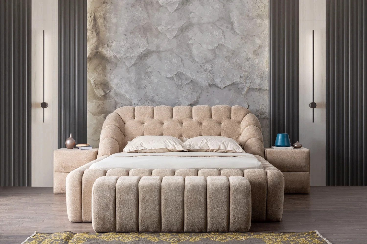 Bermo Home Bettgestell Jumbo (Set, Bettgestell, Kopfteil, Untergestell & Bettkasten), modernes Polsterbett im voluminösen Lounge