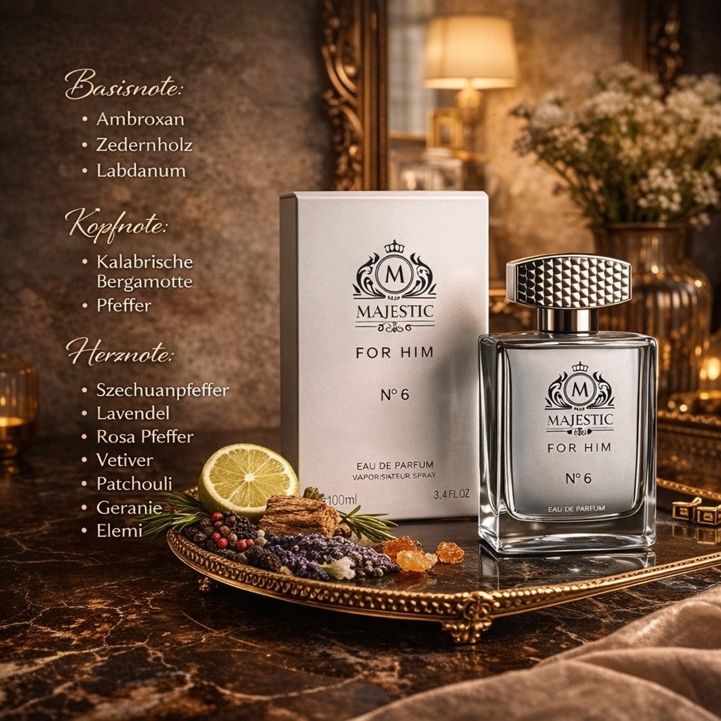 MAJESTIC LONDON Eau de Parfum Majestic For Him Nr.6 Herrenduft Frisch-würzig, Amber, Zitrus 100 ml, 1-tlg., Hergestellt in UK, Luxuriöser Herrenduft, Langanhaltend