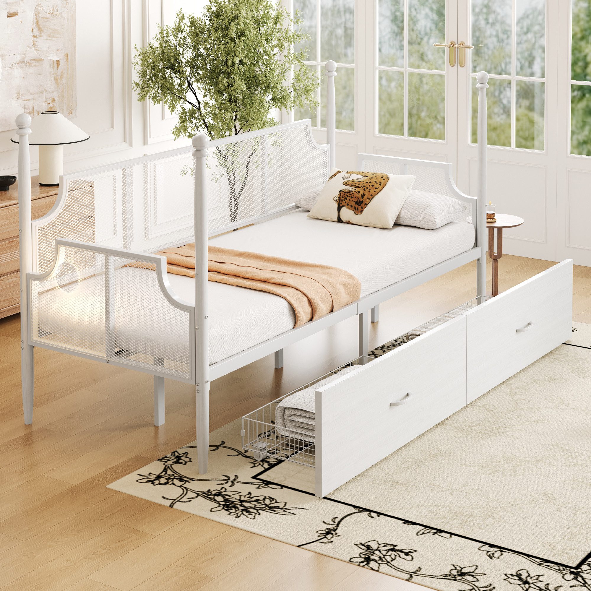 STILVORA Schlafsofa mit Stauraum,Eisenbett 90×200,Einzelbett mit schubladen,Jugendbett, 90x200 cm mit Netzrückenlehne & Stauraum, Multifunktionales Tagesbett mit hohem Rahmen, ohne Matratze