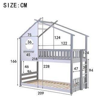 HAUSS SPLOE Etagenbett 90x200cm mit Leiter, Fallschutz, Rahmen aus Kiefernholz, grau, weiß
