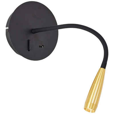 Lightbox LED Wandleuchte, USB-Anschluss mit Ladefunktion, LED fest integriert, warmweiß, Wandleuchte, USB, flexibler Lesearm, 170 lm, 3000 K, schwarz/matt gold