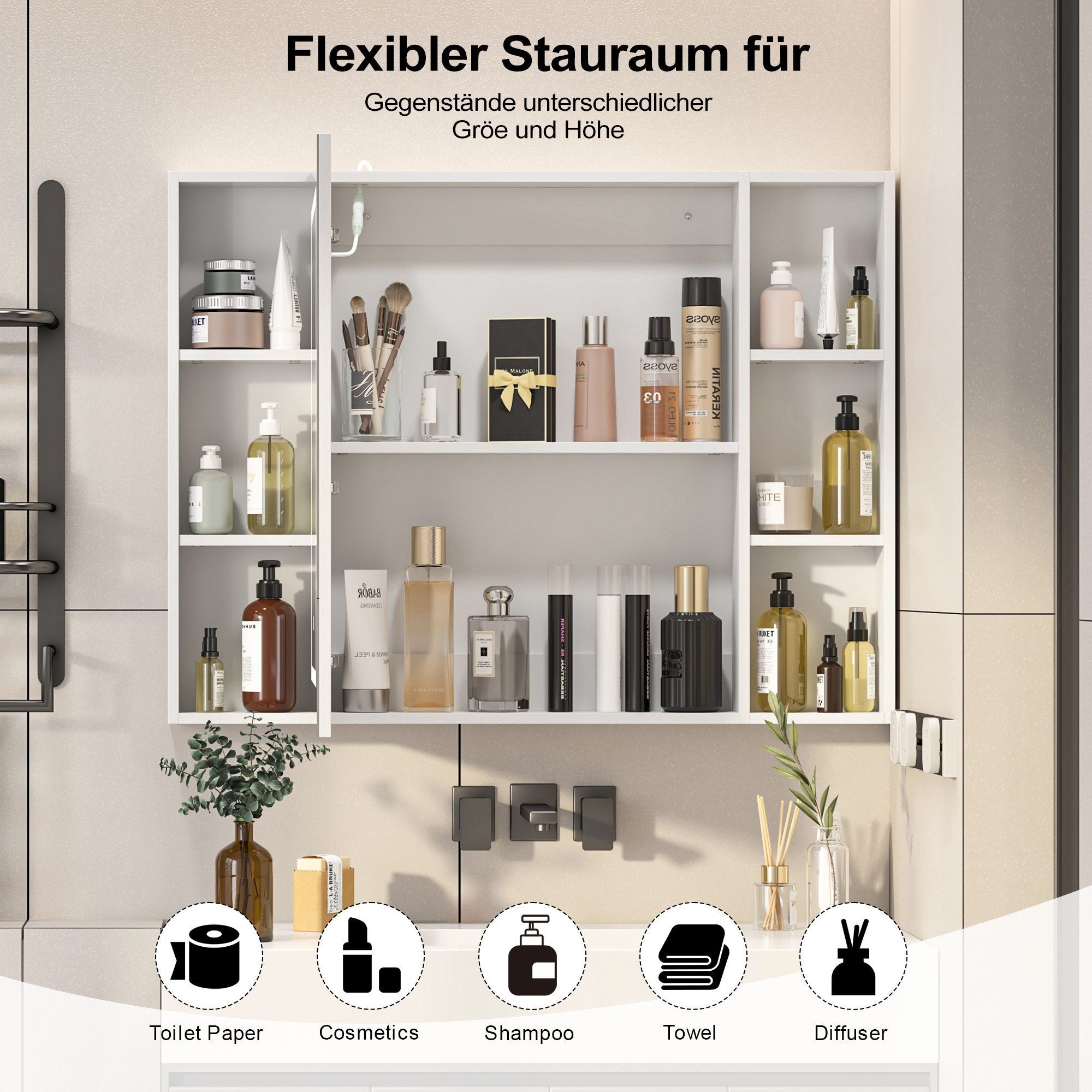 radelldar Badezimmerspiegelschrank mit LED-Beleuchtung & offenen Regalen, 100x76x13,5 cm, Weiß (1-St) Spiegelschrank mit Stauraum, 3 Farben, Dimmbar – Bild 5 von 5