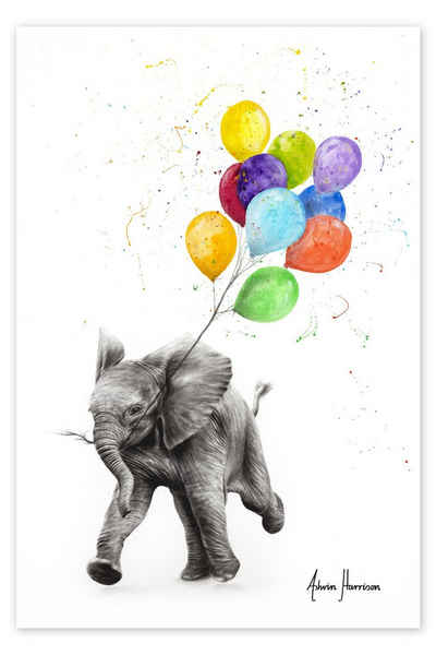 Posterlounge Poster Ashvin Harrison, Baby Elefant mit Luftballons, Babyzimmer Malerei