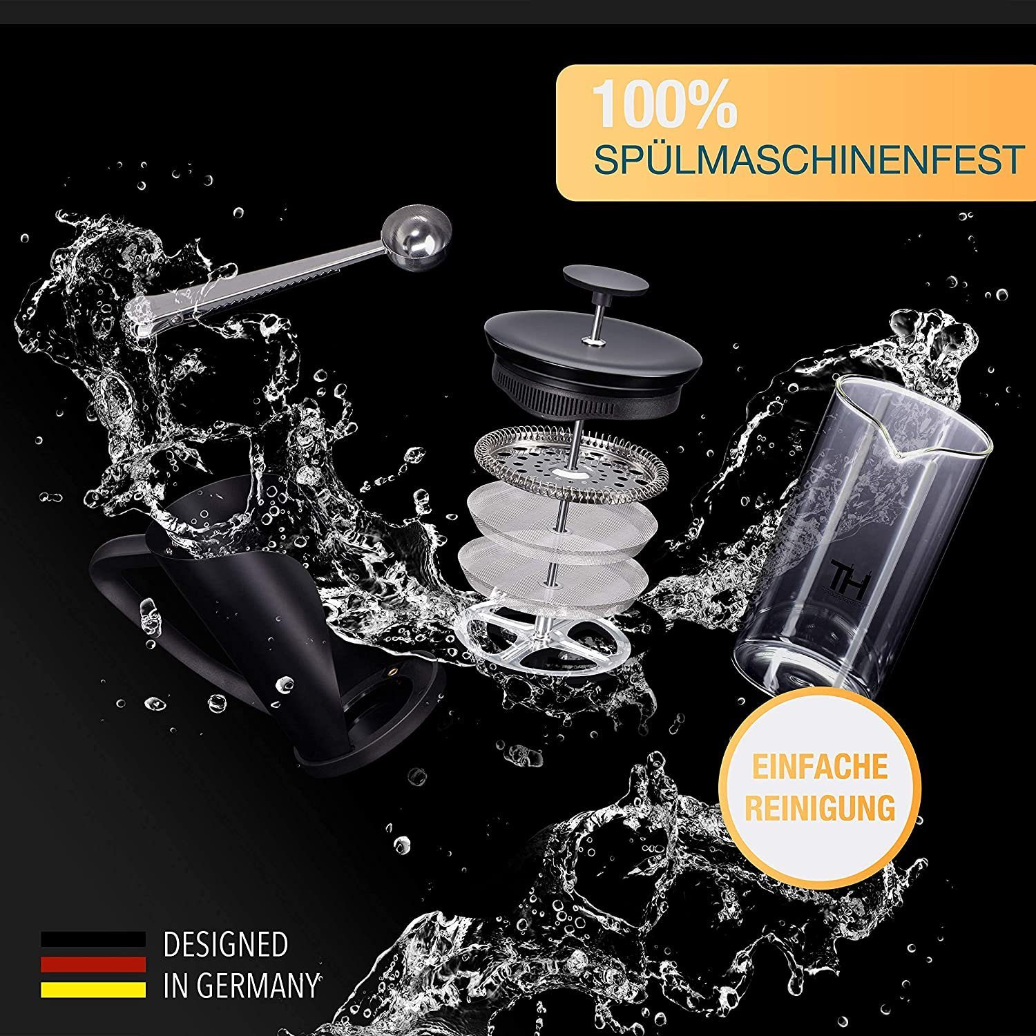 Filtersystem, Glas Thiru & 4D French mit Kanne Kaffeebereiter Edelstahl Press