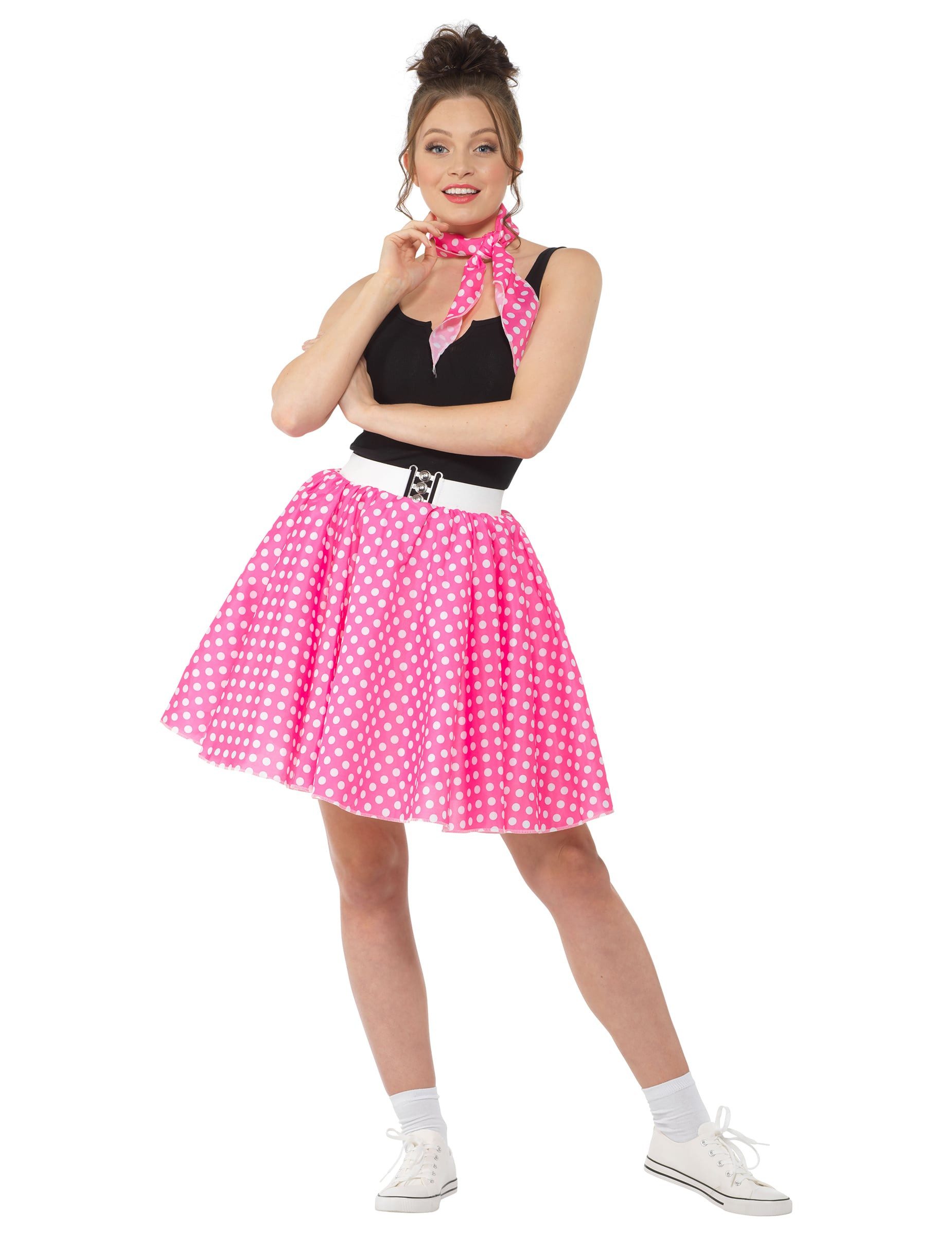 REDSUN Kostüm 50er-Jahre Rockabilly Petticoat-Rock mit Halstuch pink-weiss