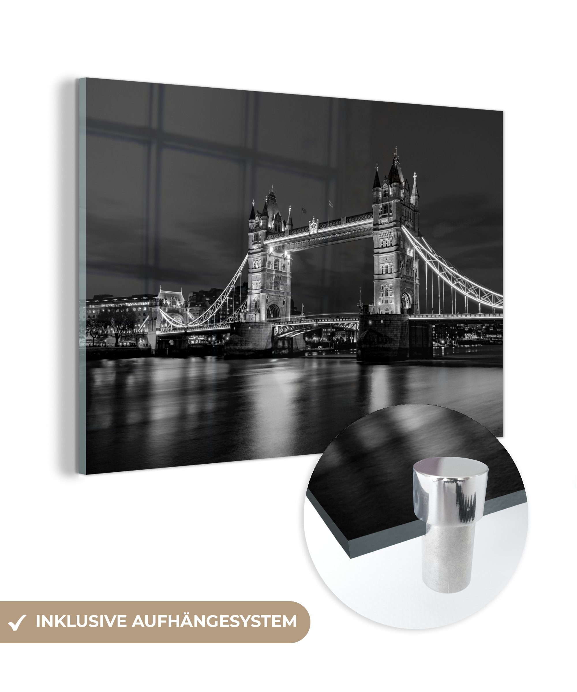 England weiß, Acrylglasbilder MuchoWow und & Abend am (1 Schlafzimmer Bridge Tower schwarz beleuchtet Wohnzimmer St), Acrylglasbild in -