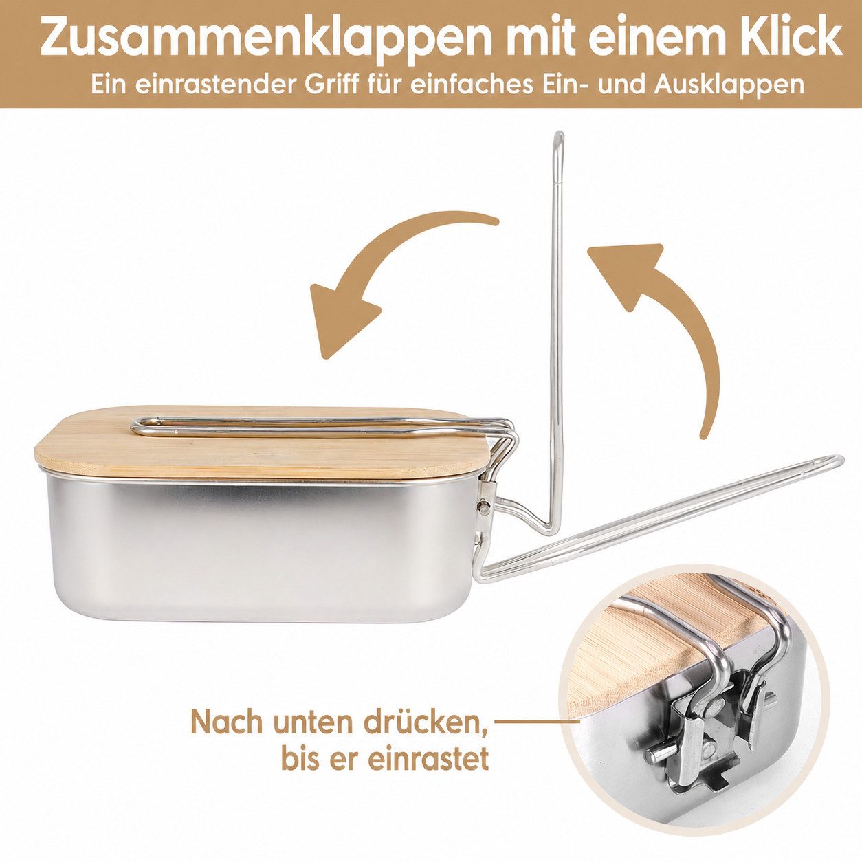 BlingBin Lunchbox 900/1400 ml Edelstahl-Lunchbox,Auslaufsichere Bento-Box mit Abtrennung, Edelstahl, (1er Set, 1-tlg., mit Bambusdeckel und einklappbarem Bügelg – Bild 4 von 5