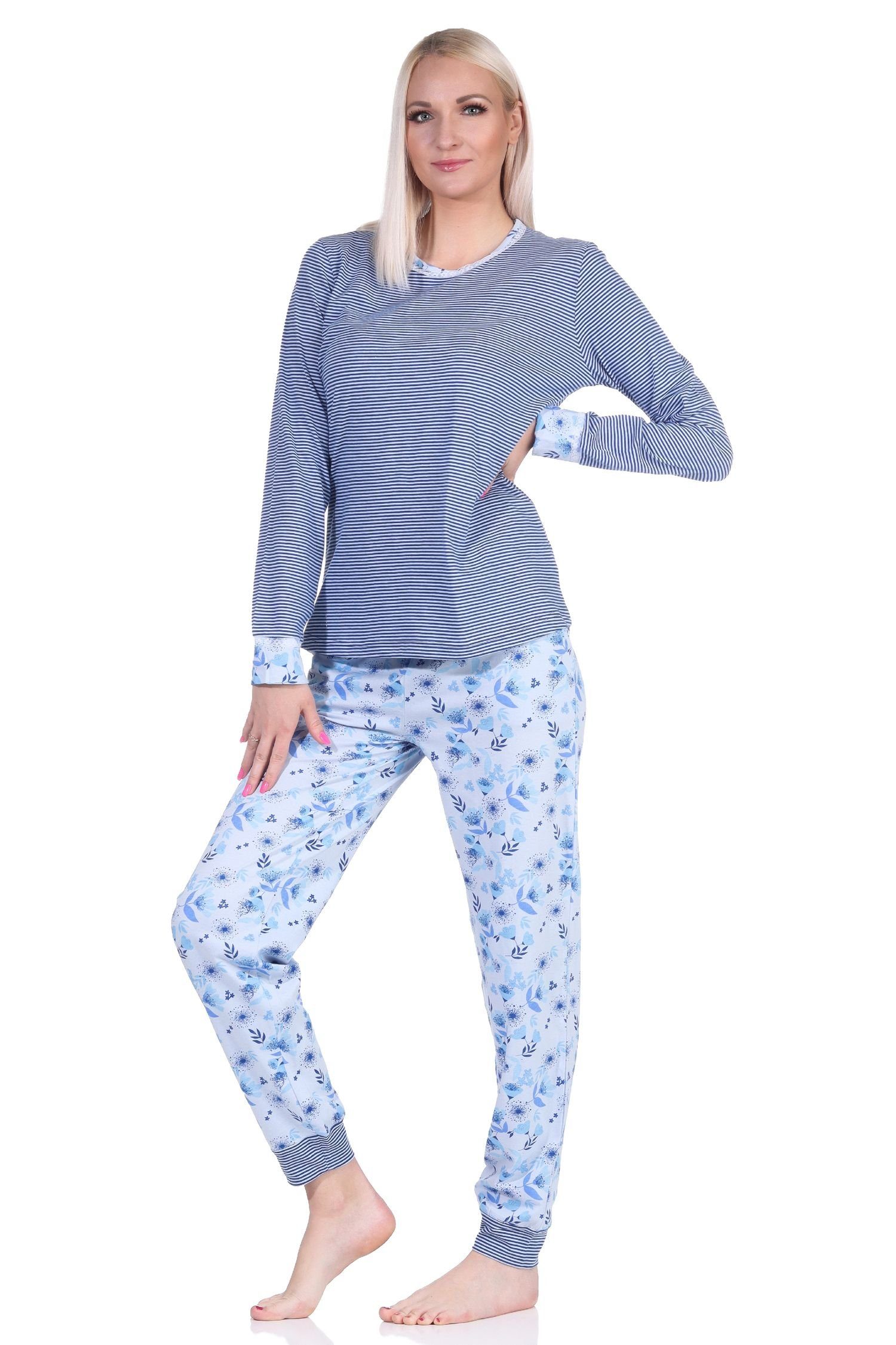 Normann Pyjama Damen Schlafanzug lang mit Bündchen und Spitze - auch in Übergrößen hellblau