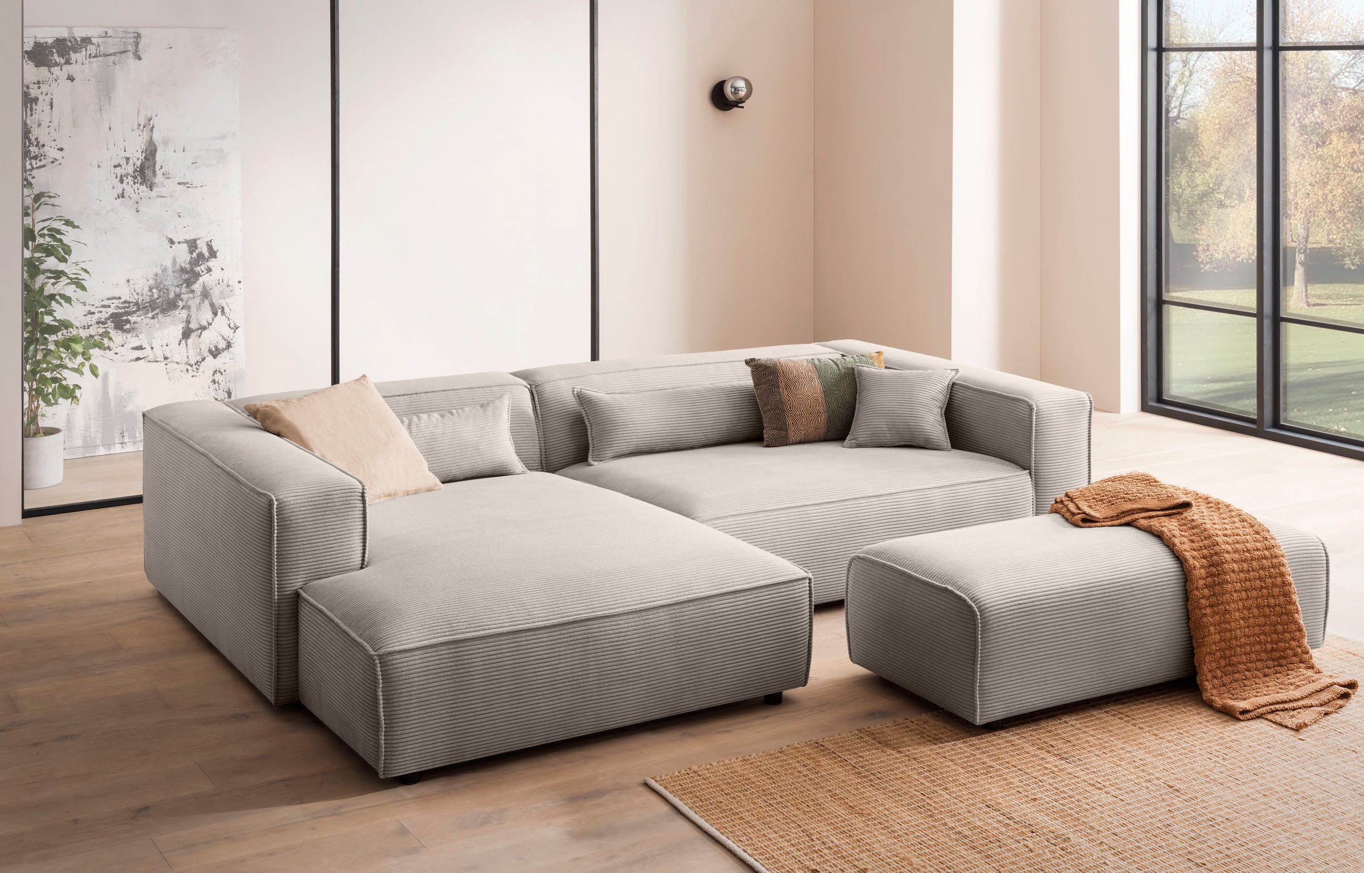 LeGer Home by Lena Gercke Ecksofa PIARA XXL, L-Form, Schlaffunktion, Cord, Leinenoptik o. Strukturstoff, Hocker stellbar zum Schlafsofa (Krokodilverbinder), tiefe Sitzfläche