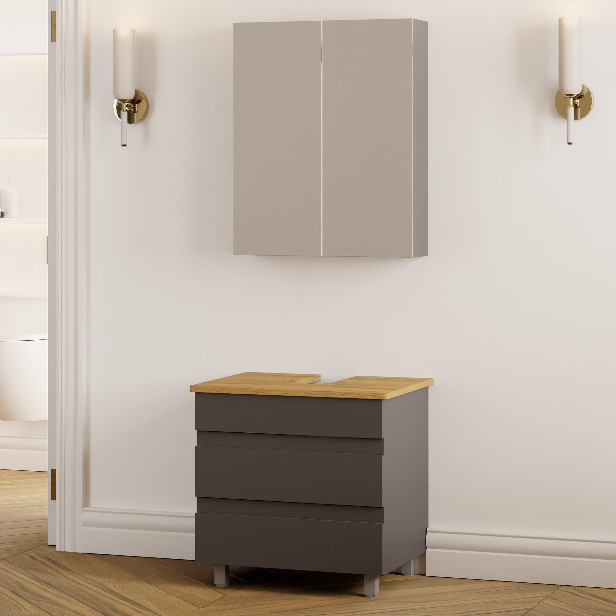 Karen Badmöbel-Set Stehendes Badmöbel Set Lara, (Komplett-Set, Standartmäßig 2-Teilig (Unterschrank, Spiegelschrank), Optionaler Hochschrank, 2-St., Lieferumfang: Unterschrank & Spiegelschrank), Minimalistisch, Matt-Membran-Beschichtung, Softclose, Grifflmulden