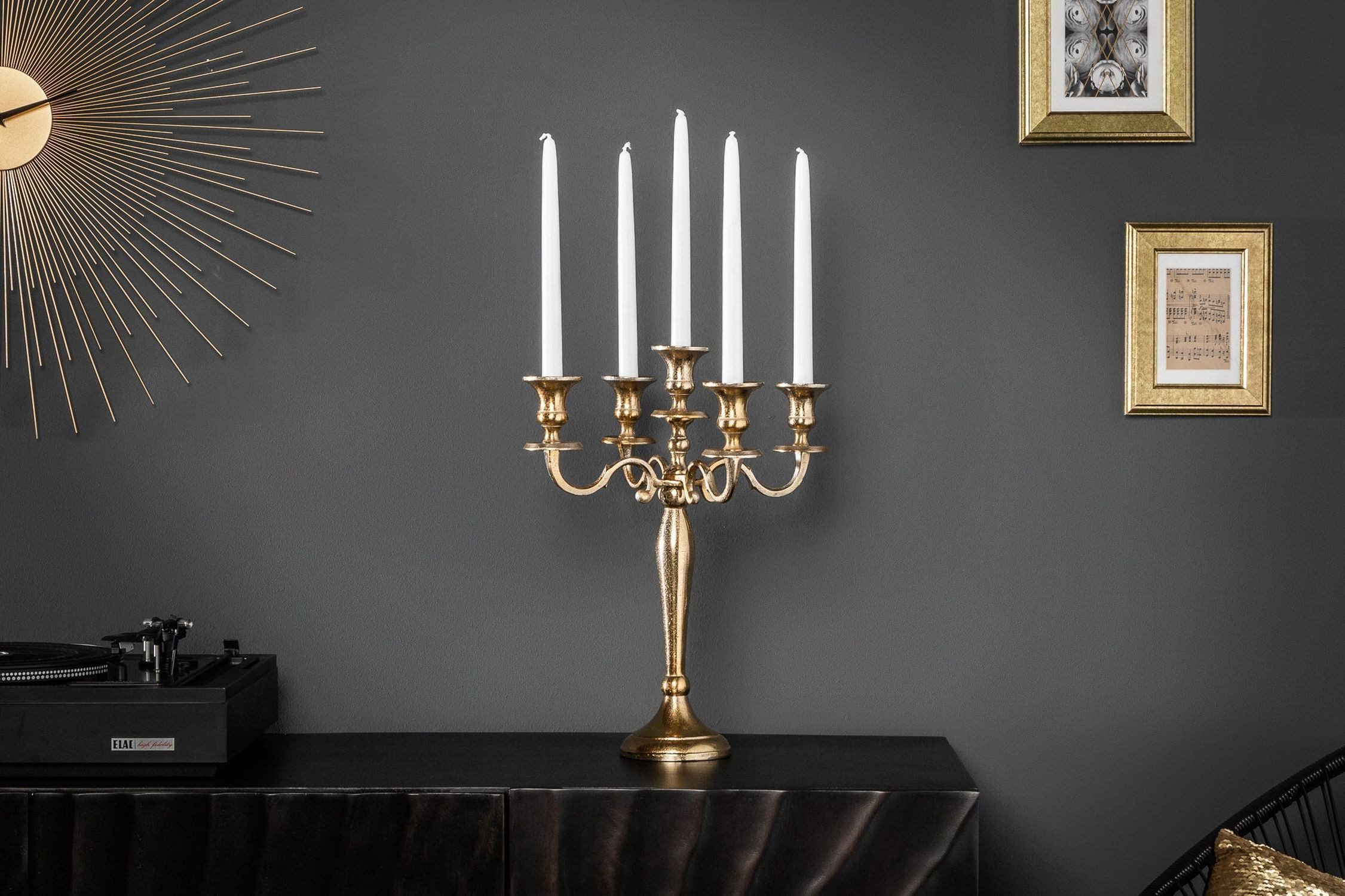 Licht-Erlebnisse Kerzenständer ATHENS, für Stabkerzen Metall in Gold 40 cm hoch 5-armig
