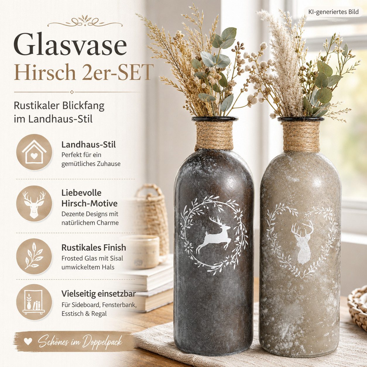 ReWu Dekovase Glasvase 2er-SET Hirsch Motiv - 7 x 21 cm (2er-SET)