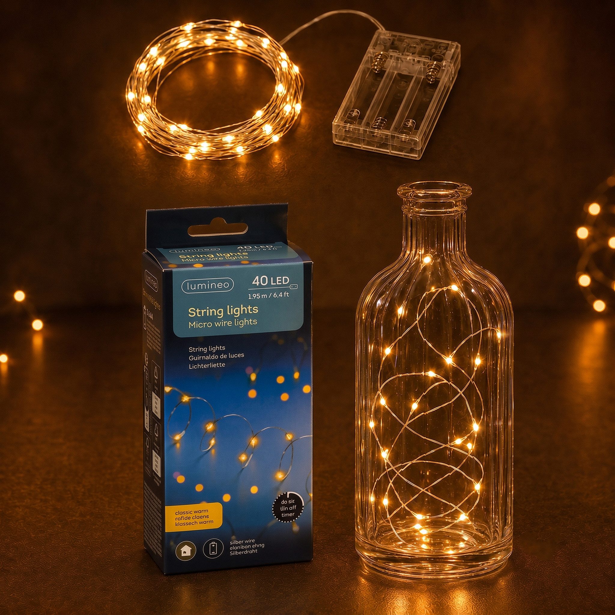 Lumineo LED-Lichterkette, LED Draht Lichterkette 1,95m mit Timer 40 Micro-LEDs Klassisch Warm