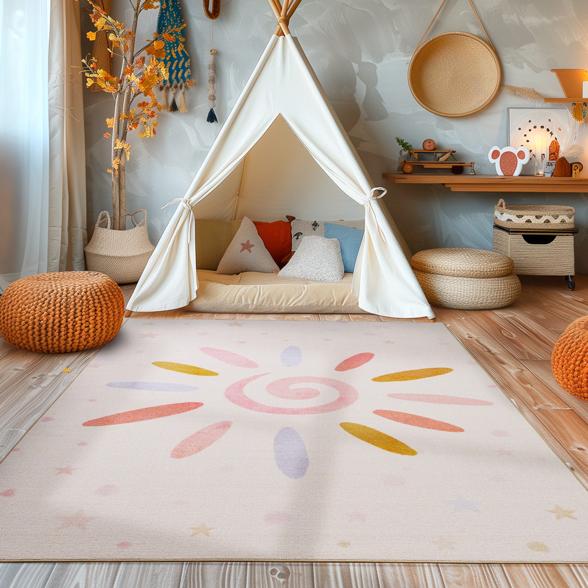 Homxi Kinderzimmer Teppich 85x180cm - Baumwolle Leinen Flickenteppich Blau Orange