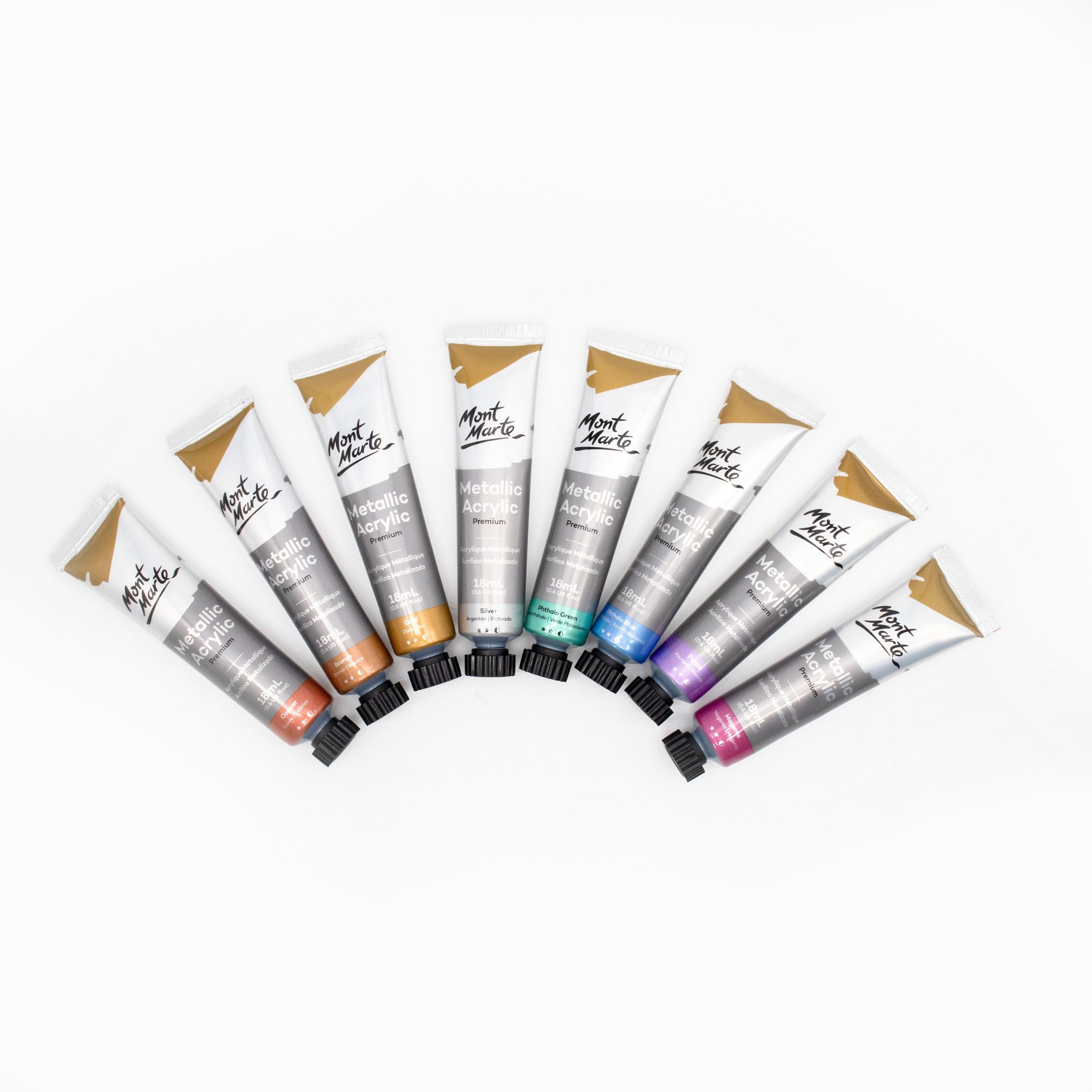 Mont Marte Acrylfarbe Set Metallic 8 × 18 ml Tuben – edle Metalltöne mit schimmerndem Effekt, Wasserbasiert & ideal für Leinwand, Karton, Papier, Ton, Holz, Ste – Bild 5 von 5