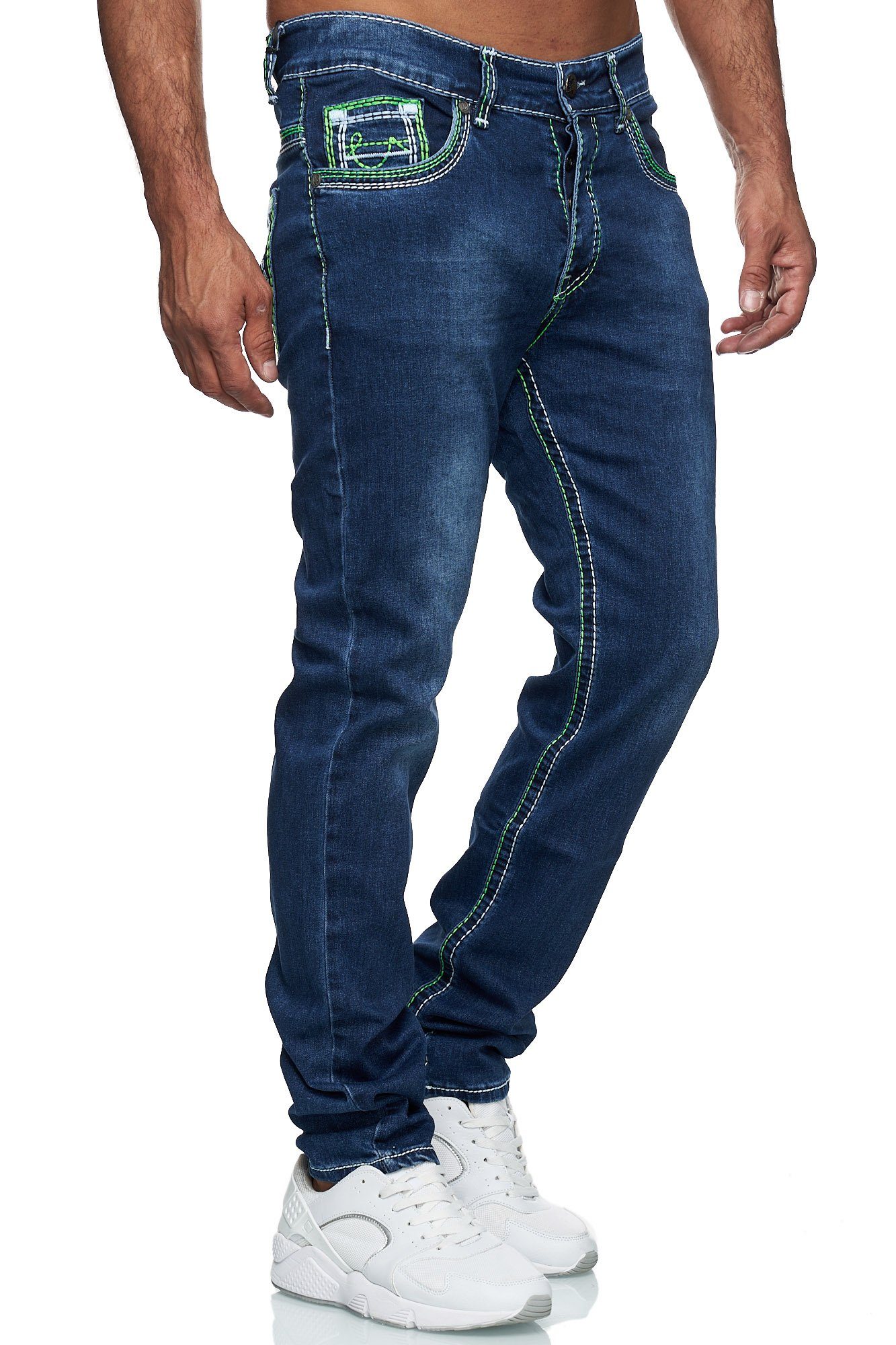 Baxboy Regular-fit-Jeans Herren Jeans Dicke Neon-Naht Straight Fit Denim Stonewashed Stretch 20897-2 Grun