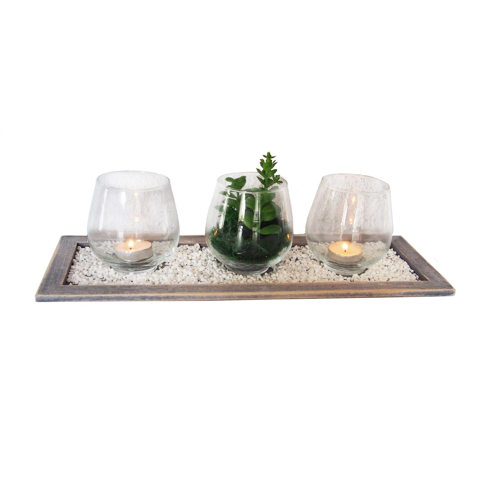 HTI-Line Teelichthalter, Wood 4-teilig Viola, Deko-Tablett Tischdekoration, inkl. Dekoration Dekotablett