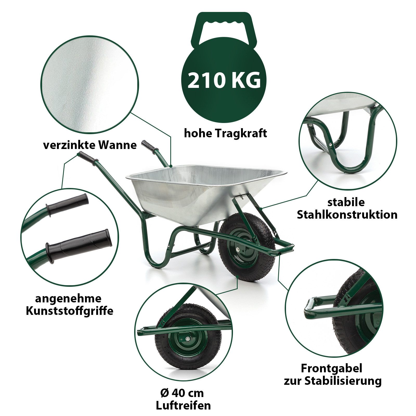 Midori Schubkarre, Gartenkarre 100 L Fassungsvermögen Traglast 210 kg Transportkarre