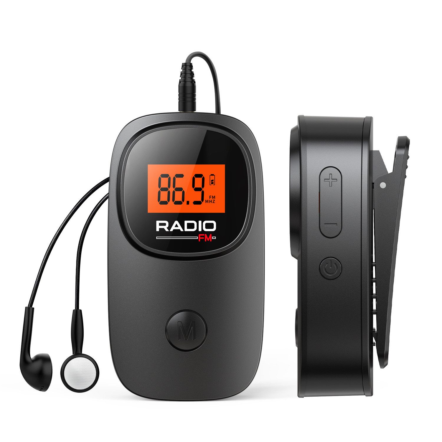 Tekoo UKW Taschenradio tragbar Mini Radio mit LCD-Display & Gürtelclip UKW-Radio (UKW-Empfang, Senderspeicherung, automatischer Sendersuchlauf, 2,45 W, DSP-Chip für stabilen Empfang, orangefarbene Hintergrundbeleuchtung)