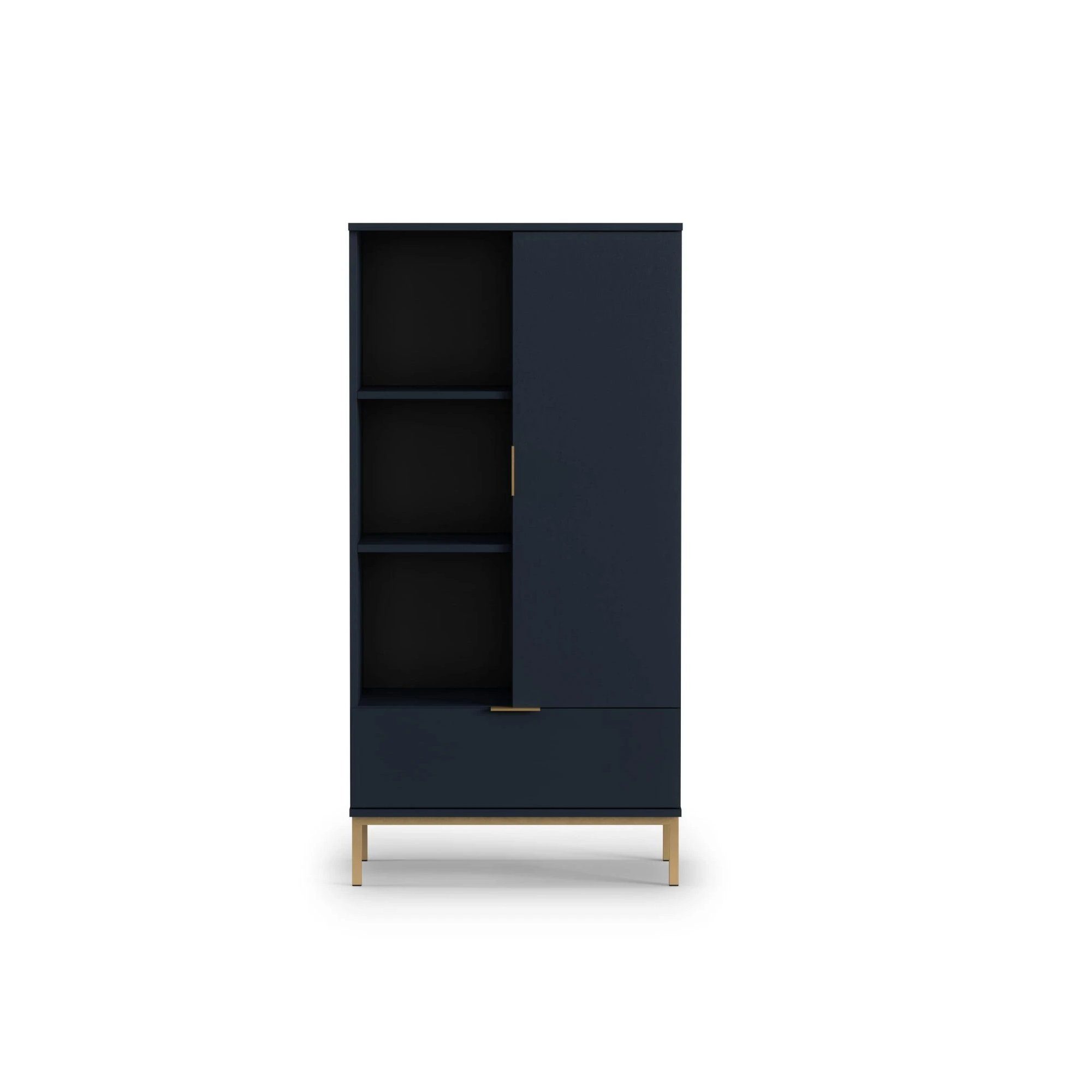 Furnix Glasvitrine FMALAGAS R70 Highboard mit Schublade Tür Marineblau oder Schwarz B70 x H140 x T41 cm, Metallgestell in Altgoldoptik Nachtblau