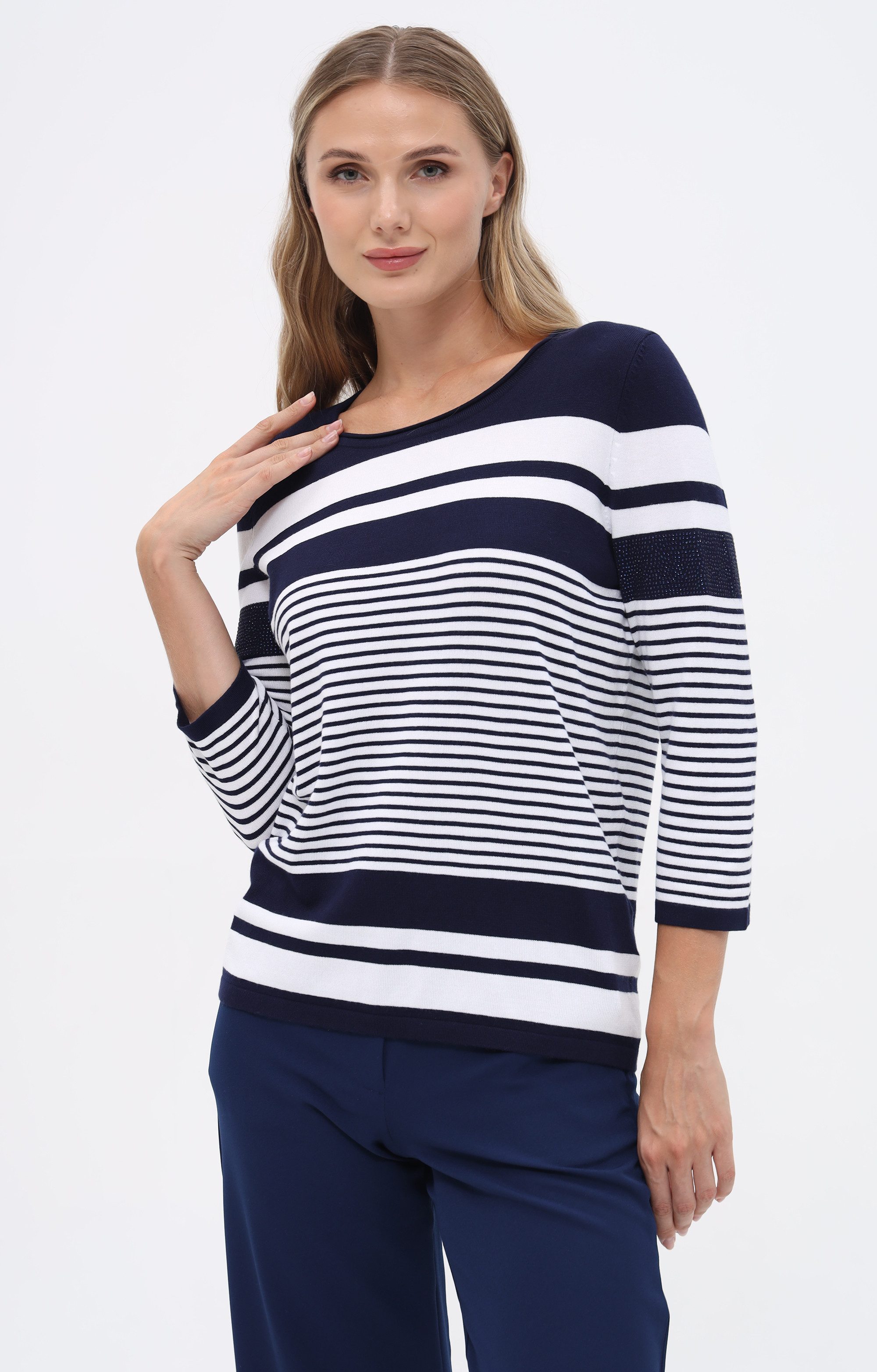 Passioni Strickpullover mit Ringel-Muster und Strassdetails günstig online kaufen