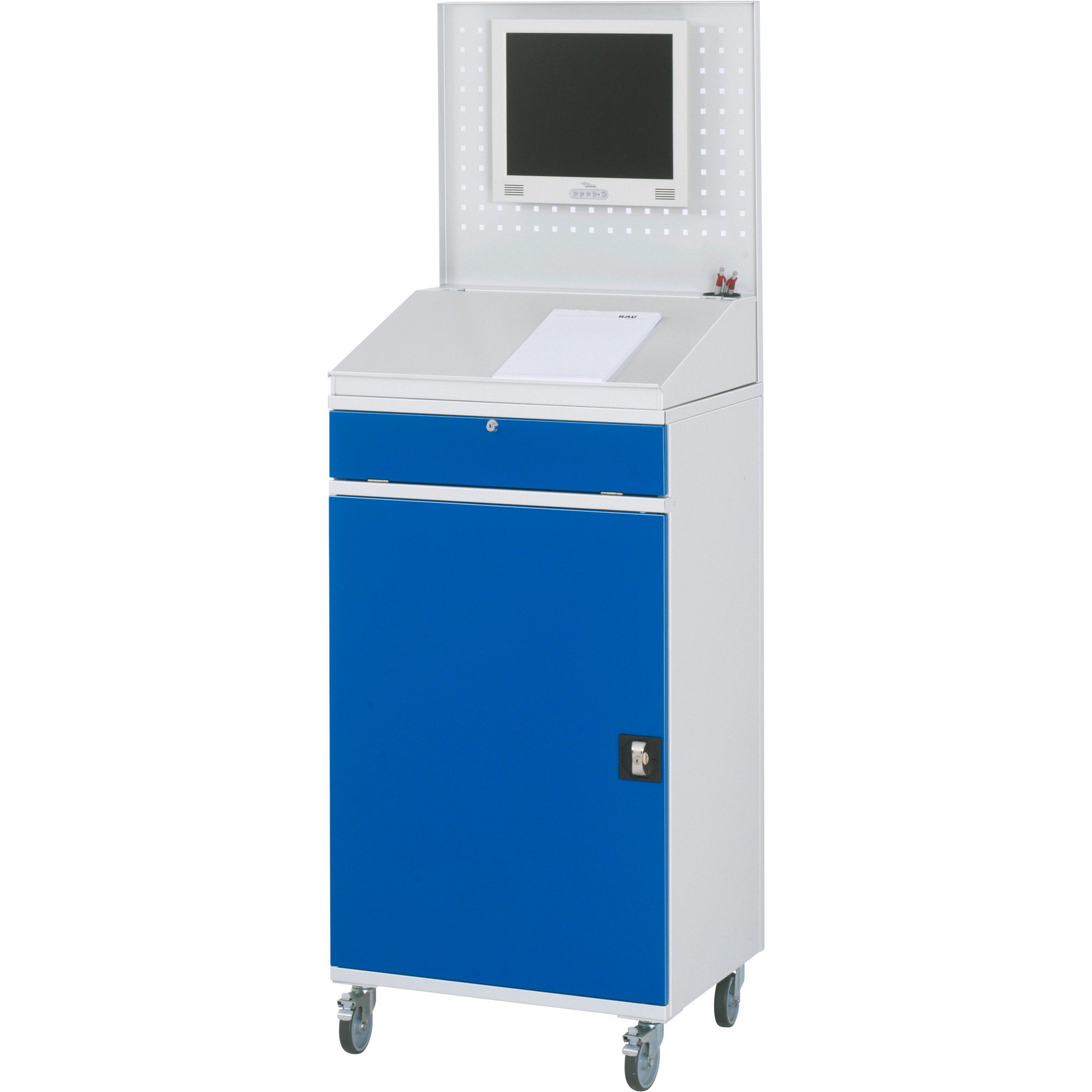 RAU Schreibtisch Computerschrank 650x520x1895mm mobil lichtgrau/enzianblau