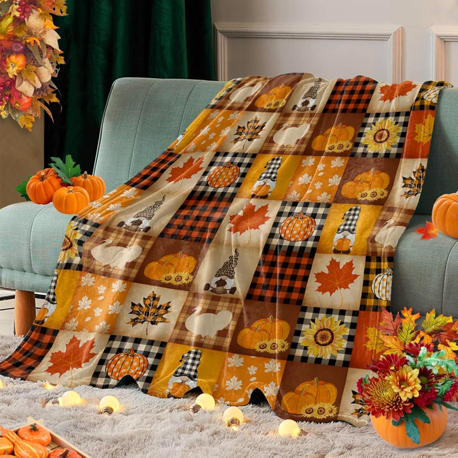 FOUORTUNATE-BEE Deckel Halloween-Kürbisdecke, weiche Flanelldecke mit Herbst-Kürbismotiv, für Wohnzimmer, Sofa und Bett, Herbst- und Thanksgiving-Geschenk