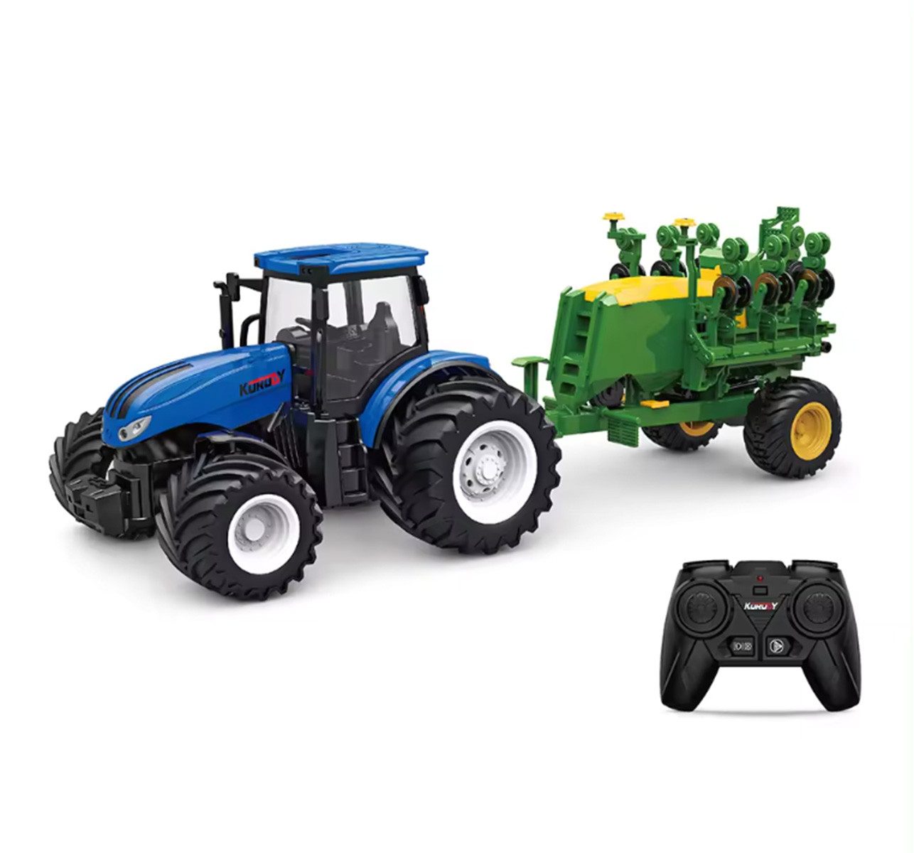 efaso RC-Traktor 6646 Ferngesteuerter Traktor blau mit Sämaschine - LED Beleuchtung, 30min Spielzeit / Demo-Funktion / Metall-Haube
