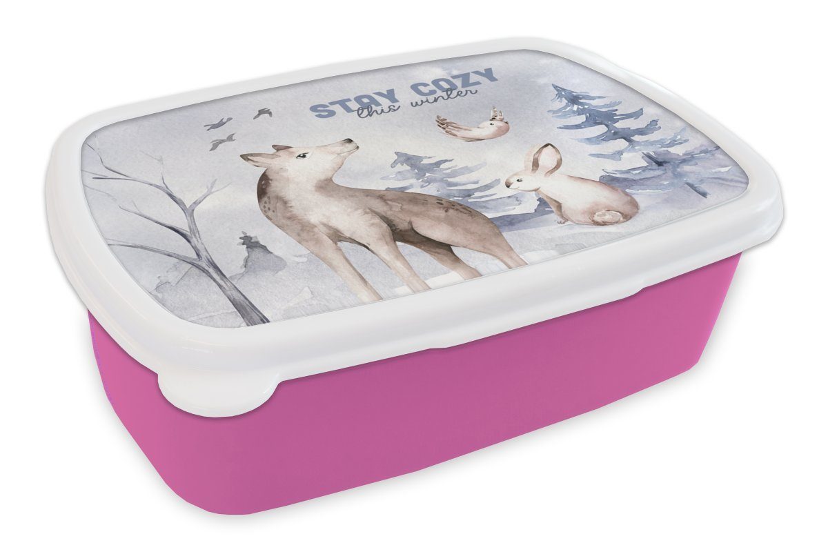 MuchoWow Lunchbox Winter - Wolf - Vogel - Kaninchen, Kunststoff, (2-tlg), Brotbox für Erwachsene, Brotdose Kinder, Snackbox, Mädchen, Kunststoff rosa