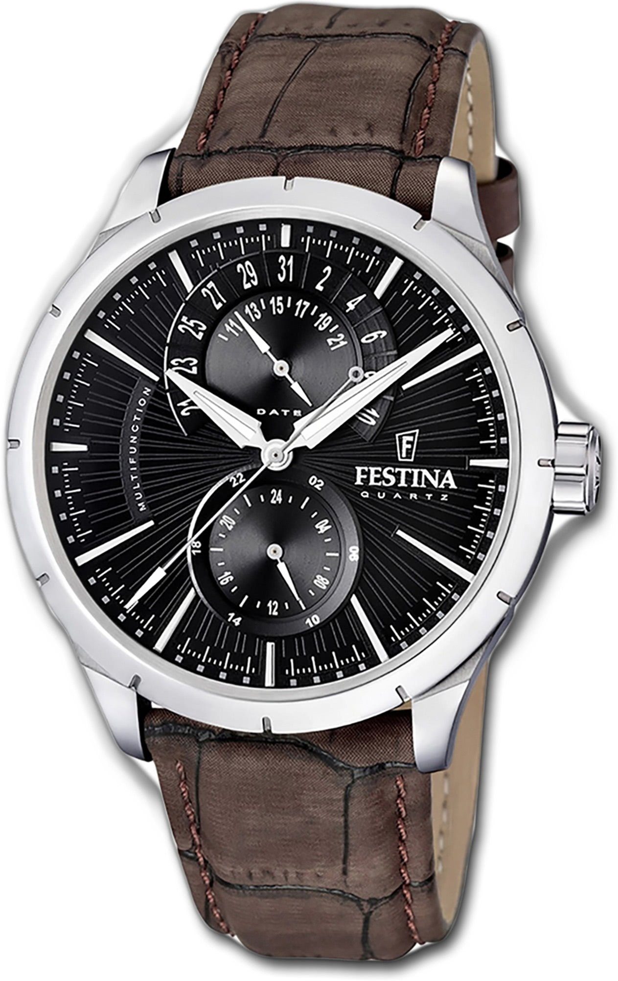 Festina Multifunktionsuhr Quarz, Herrenuhr rundes Festina Gehäuse, (ca. extra Herrenuhr F16573/4 groß 46mm) Lederarmband, schwarz Leder