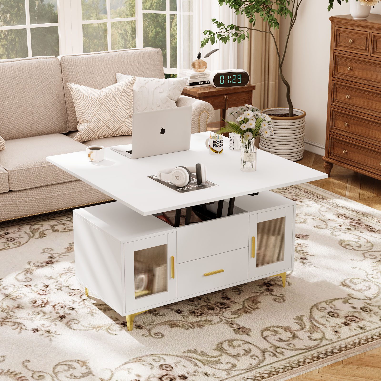 VOWNER Couchtisch Höhenverstellbarer 3-in-1-Couchtisch mit Schublade und Stauraum (1-St), umwandelbar in Esstisch, Weiß