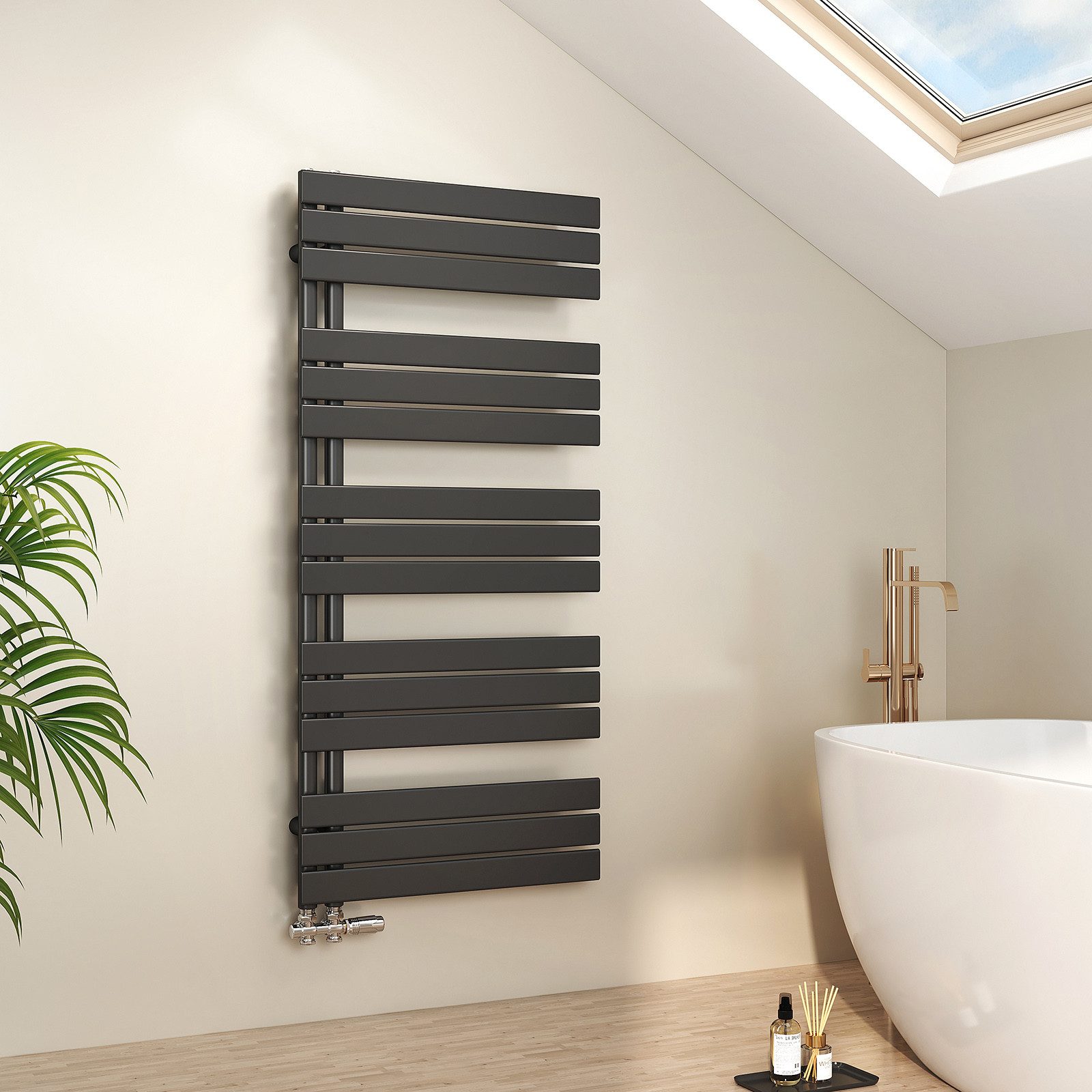 EMKE Paneelheizkörper Schwarz Flach Badheizkörper Design Handtuchtrockner, 132x60cm 798W Bad Warmwasser ohne Multiblock Seitenanschluss