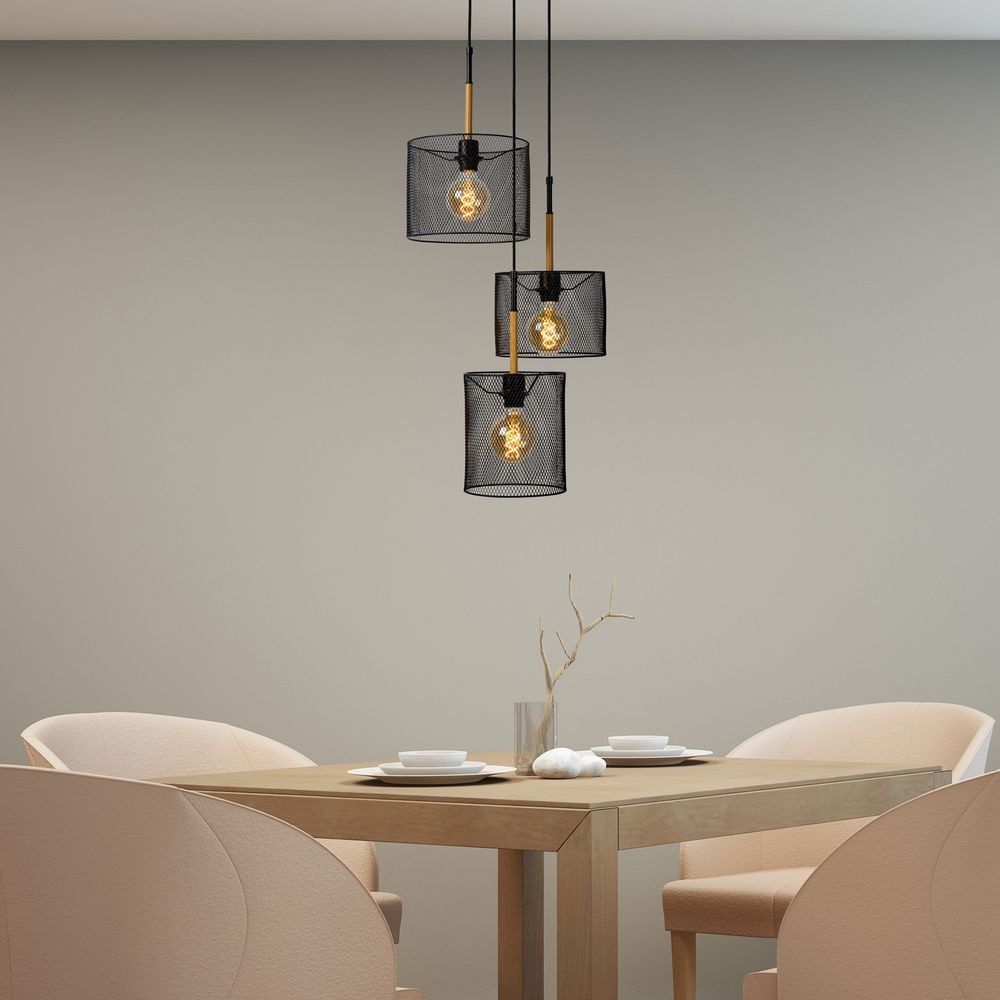 Lucide Pendelleuchte Pendelleuchte Basket aus Stahl in Schwarz und hellem Holz 3xE27