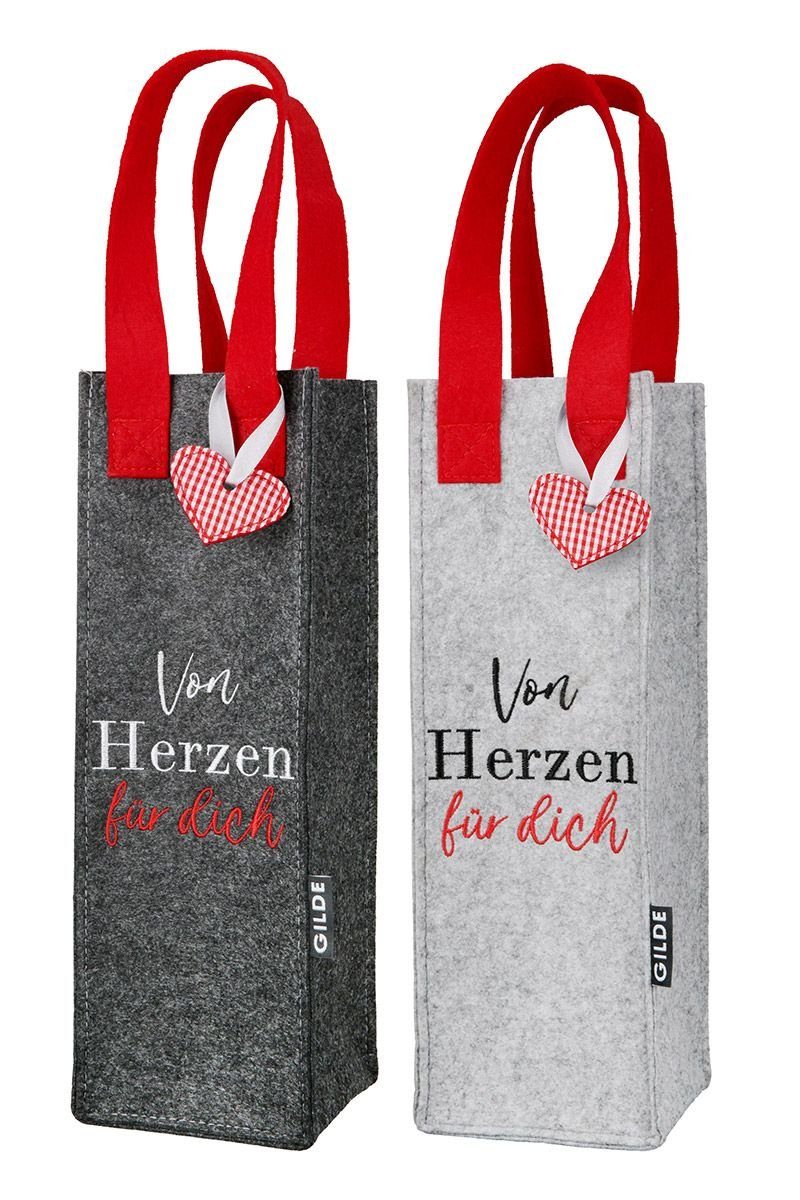 GILDE Shopper Flaschentaschen Love 2er Set Filz Grau Anthrazit Geschenkverpackung