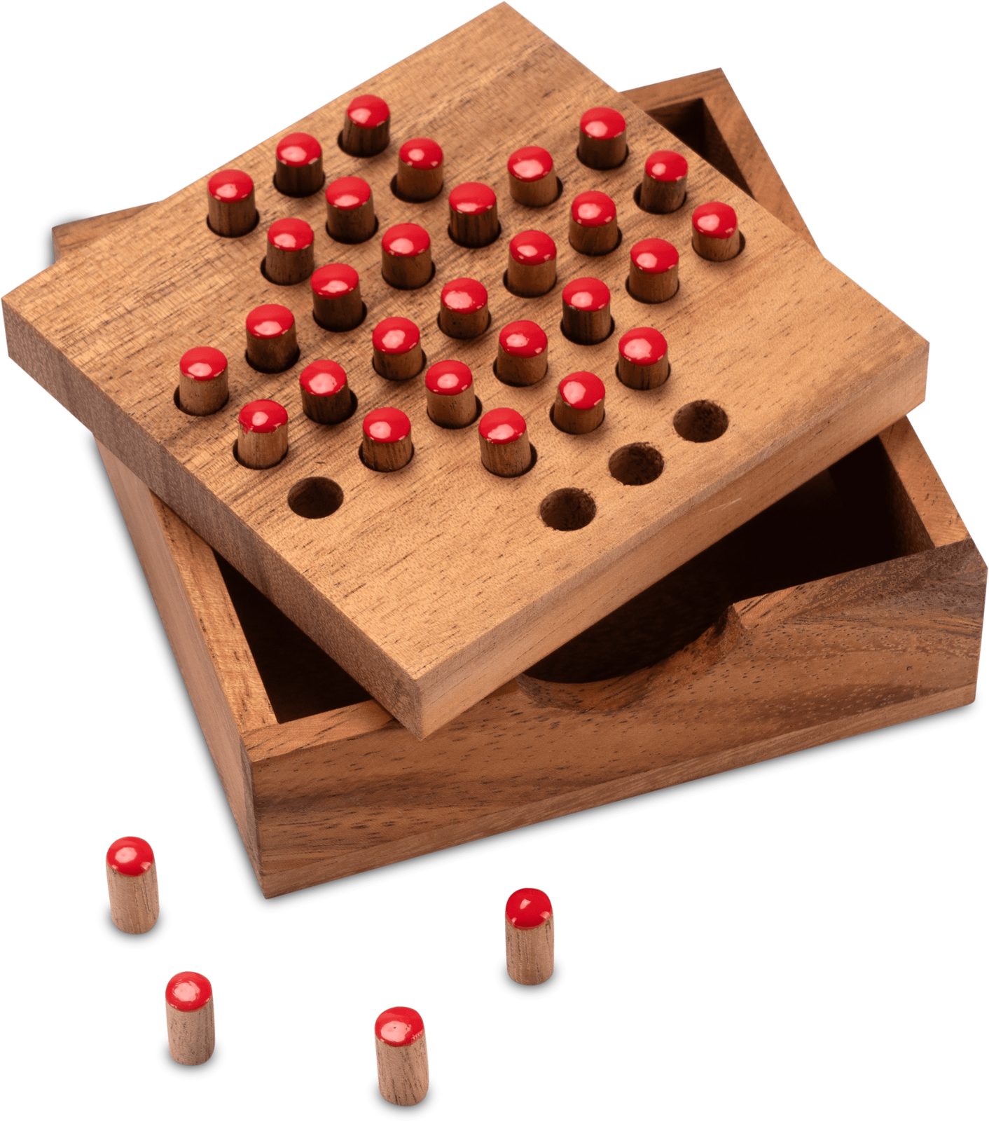 LOGOPLAY Spiel Solitär Gr. L rot, Gesellschaftsspiel, Solitär Gr. L mit roten Steckern Solitaire Denkspiel aus Holz für 1