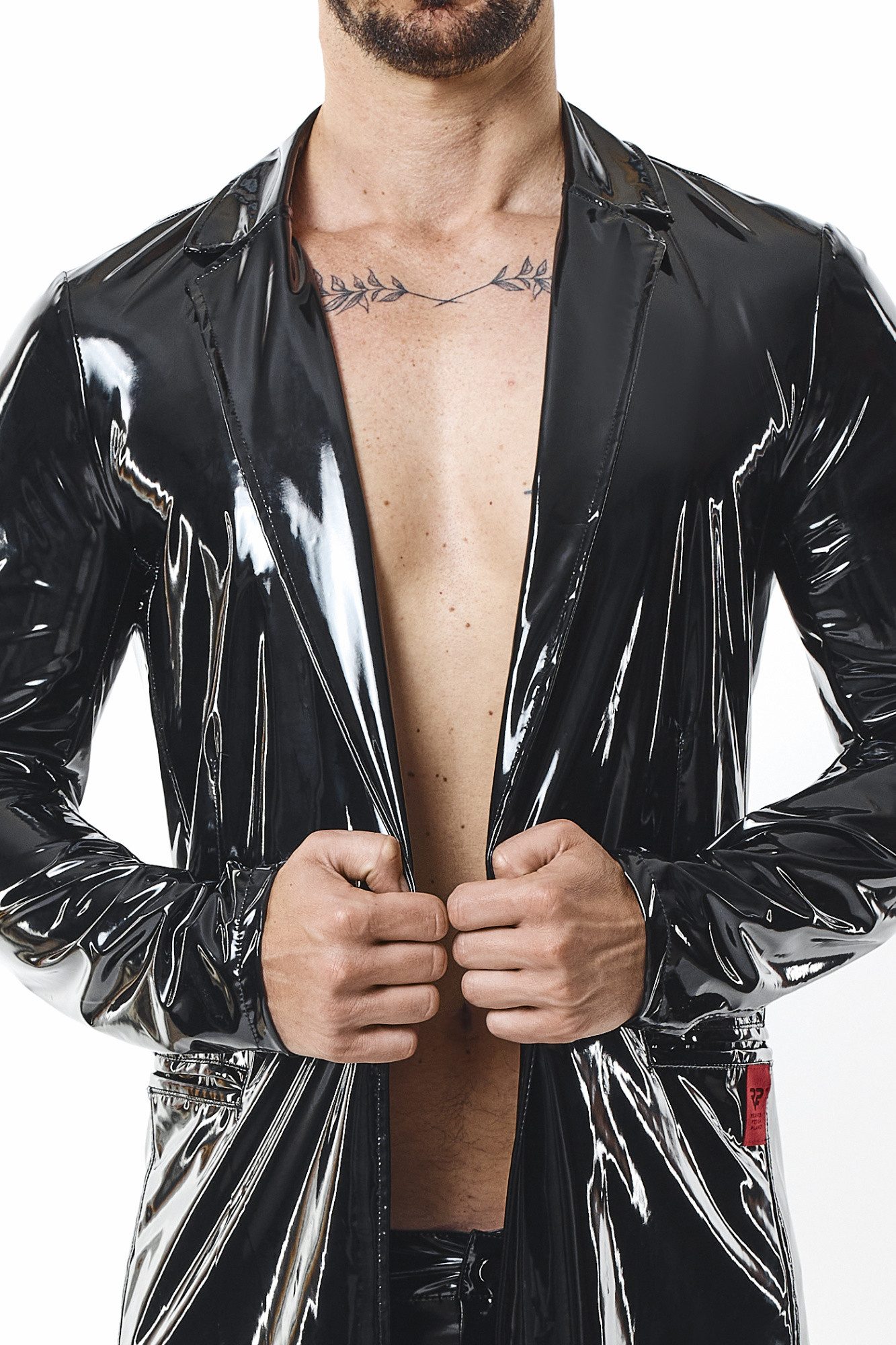 Regnes Fetish Planet Lederimitatmantel Halblanger schwarzer Herren Lack-Mantel mit Taschen Trenchcoat mit Kra