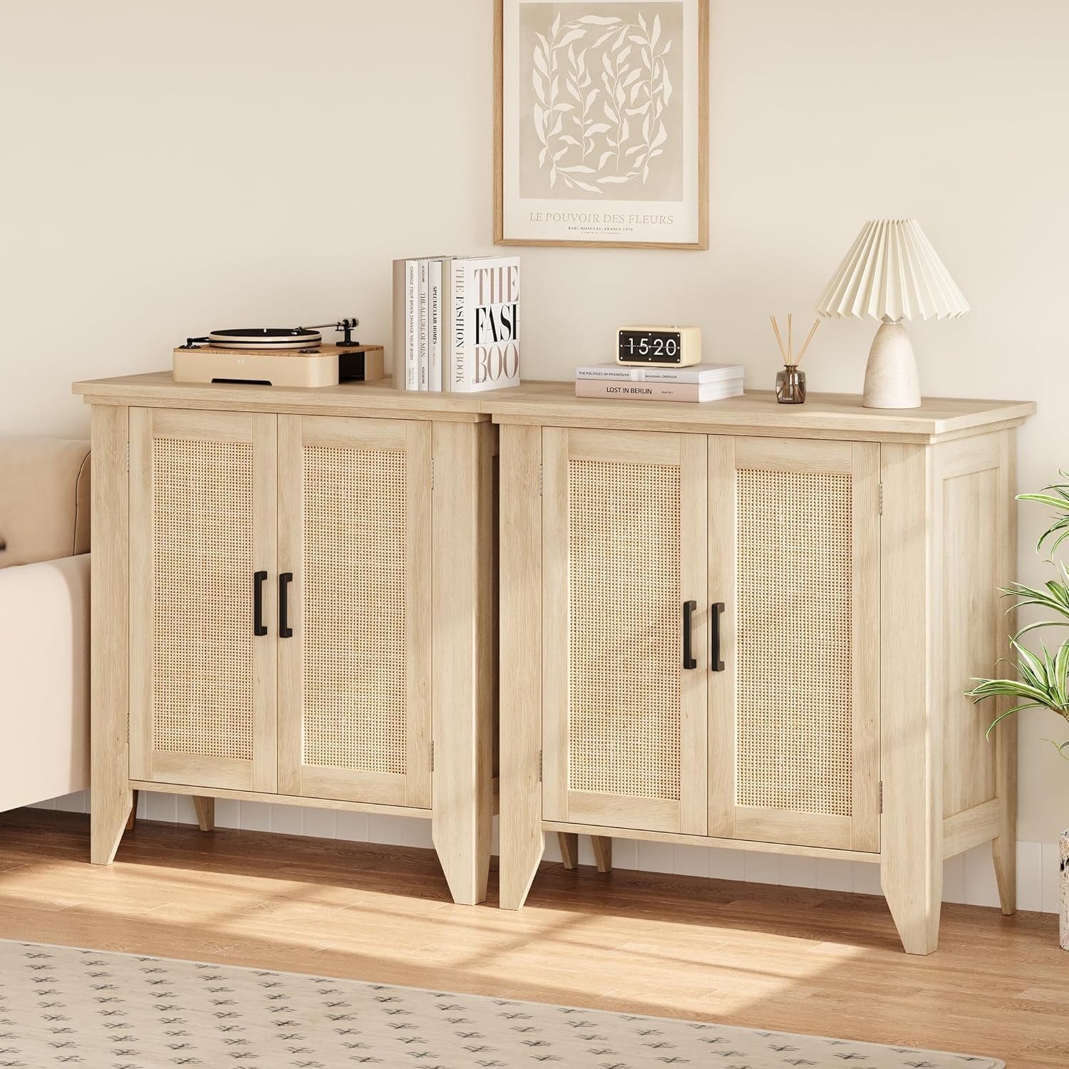 GarveeMore Anrichte 2-teiliges Set Boho Rattan Sideboard Vielseitiger Holzschrank Lowboard (2 St), 76x40x80 cm Buffet Kommode mit Türen und höhenverstellbaren Regalen
