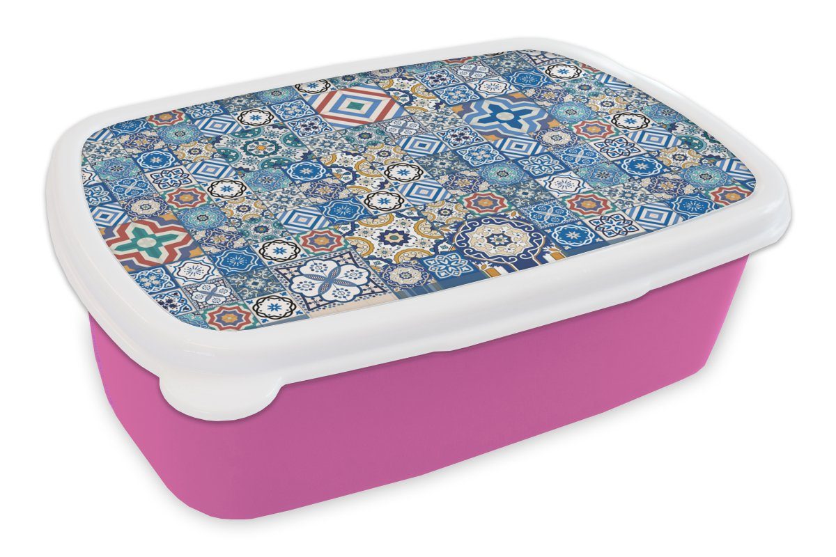 MuchoWow Lunchbox Muster - Blau - Formen, Kunststoff, (2-tlg), Brotbox für Erwachsene, Brotdose Kinder, Snackbox, Mädchen, Kunststoff rosa