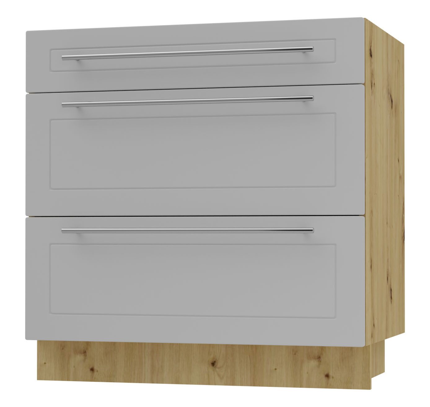 Feldmann-Wohnen Auszugsunterschrank Bari (D3R/80, 3 Schubladen, REJS Komfort Box Vollauszug, 1-St., moderne Kassettenoptik, lackierte Fronten, 80x50x82cm) Eiche Artisan / RAL 7040 fenstergrau matt