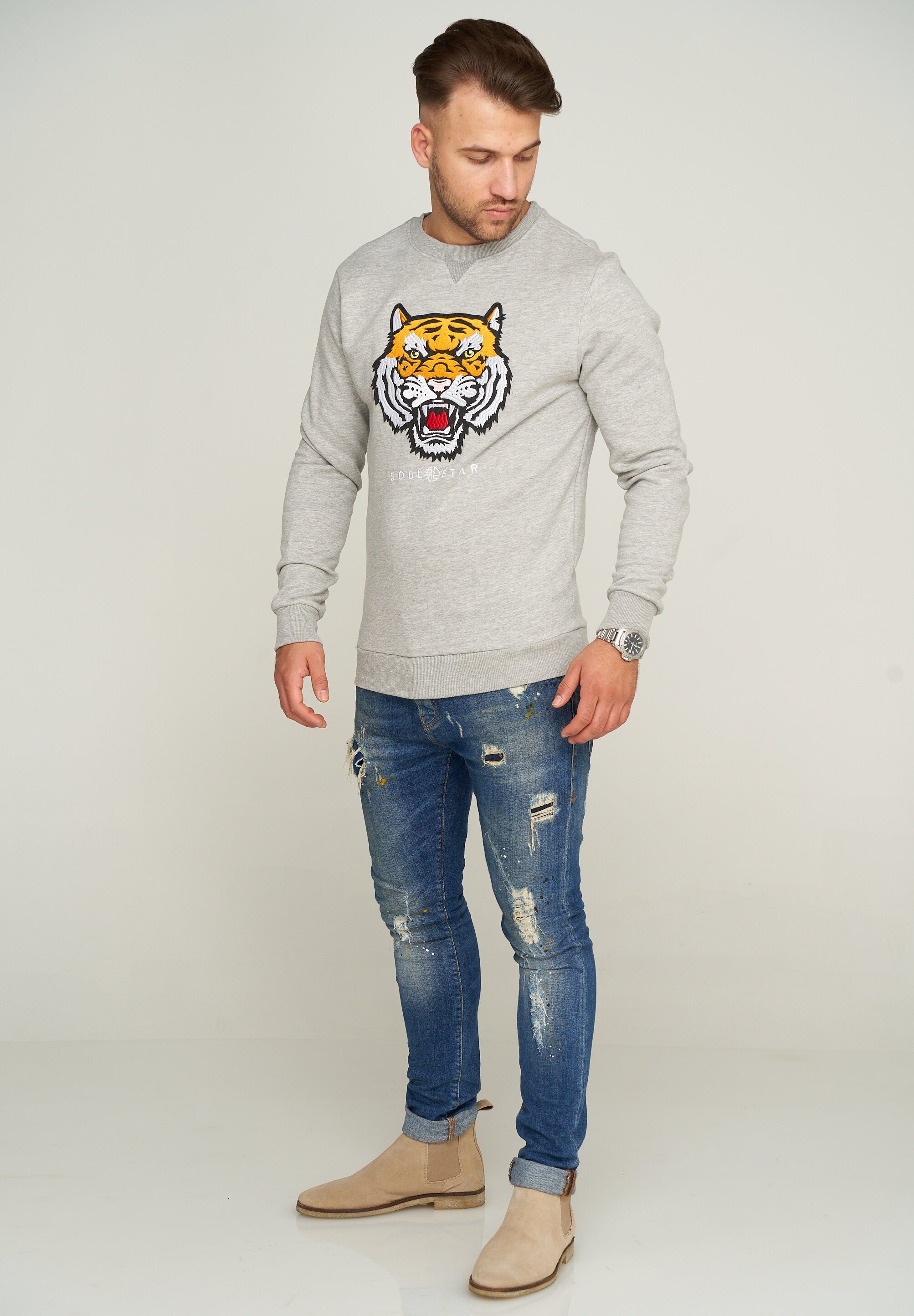 Sweatshirt Grey SOULSTAR mit Tiger-Patch S2KOTA