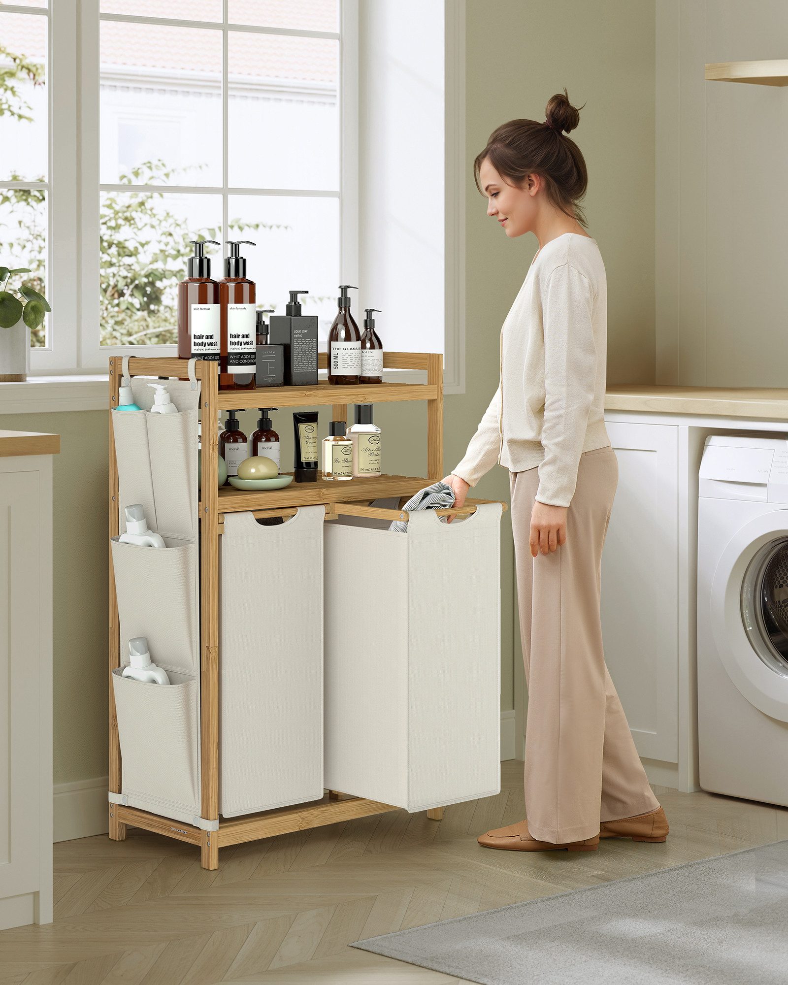 SONGMICS Wäschekorb, Wäschekorb 2/3 Fächer, Bambus, günstig online kaufen