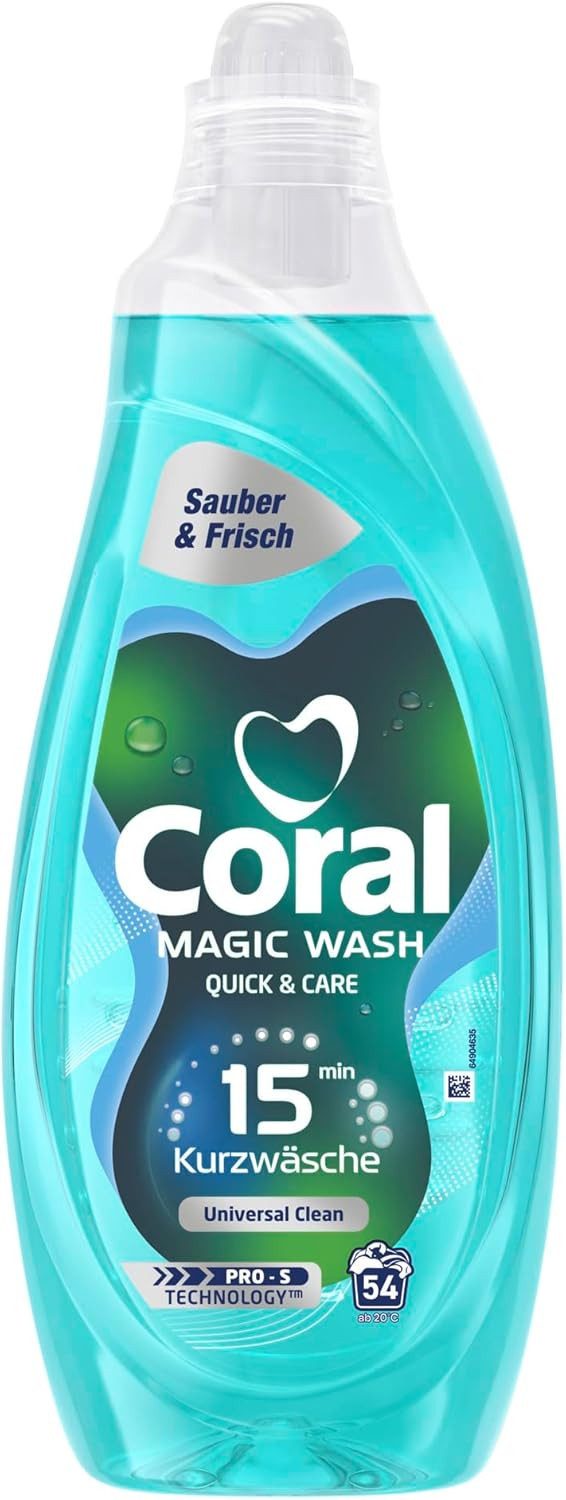Coral 1x Coral Magic Wash Quick & Care Waschmittel Universal Clean 54 WL Vollwaschmittel (1-St. 15 Minuten Kurzwäsche, gründliche Reinigung, frischer Premium-Duft)