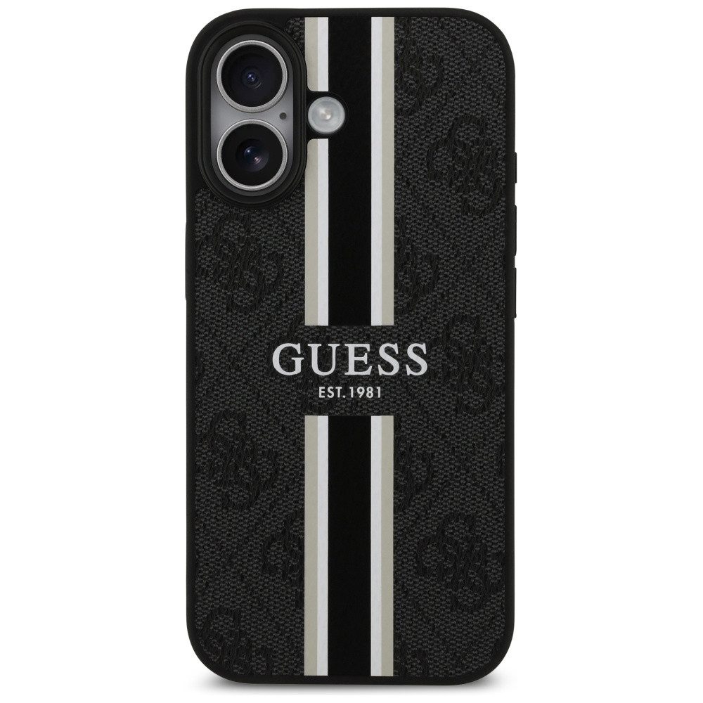 Guess Handyhülle Case iPhone 17 MagSafe Kunstleder grau Logo Streifen 6,3 Zoll, Kantenschutz