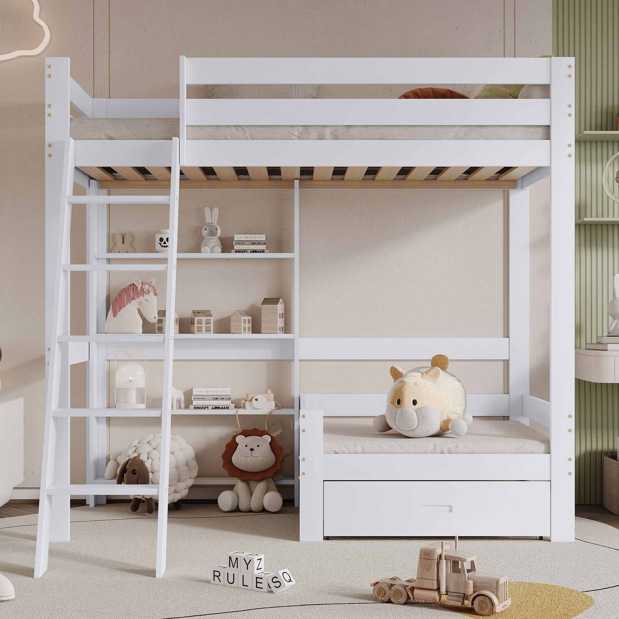 Sweiko Hochbett (Kinderbett mit Leiter und Rausfallschutz) Etagenbett mit  Regalen, Sofa, Schubladen