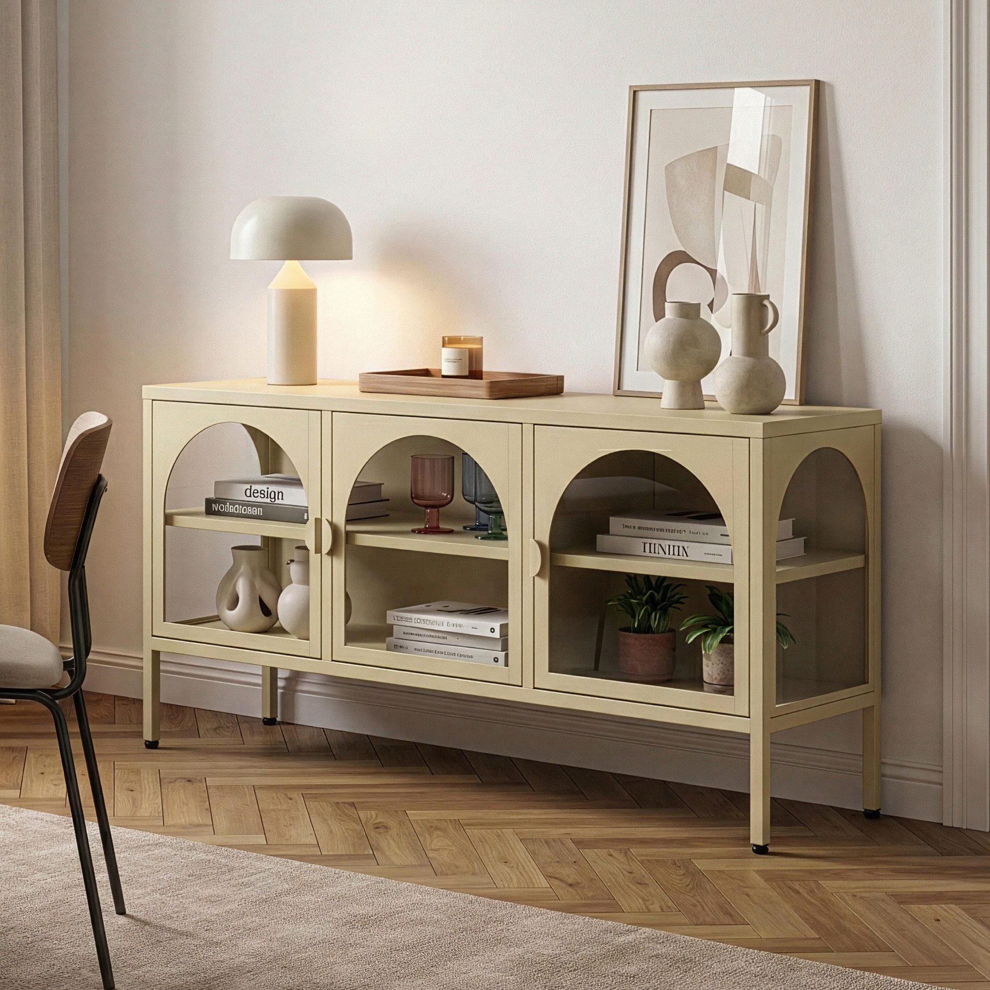en.casa Standvitrine »Klippestad« mit 3 Türen Stahl 118 x 35 x 55 cm Kamelfarben