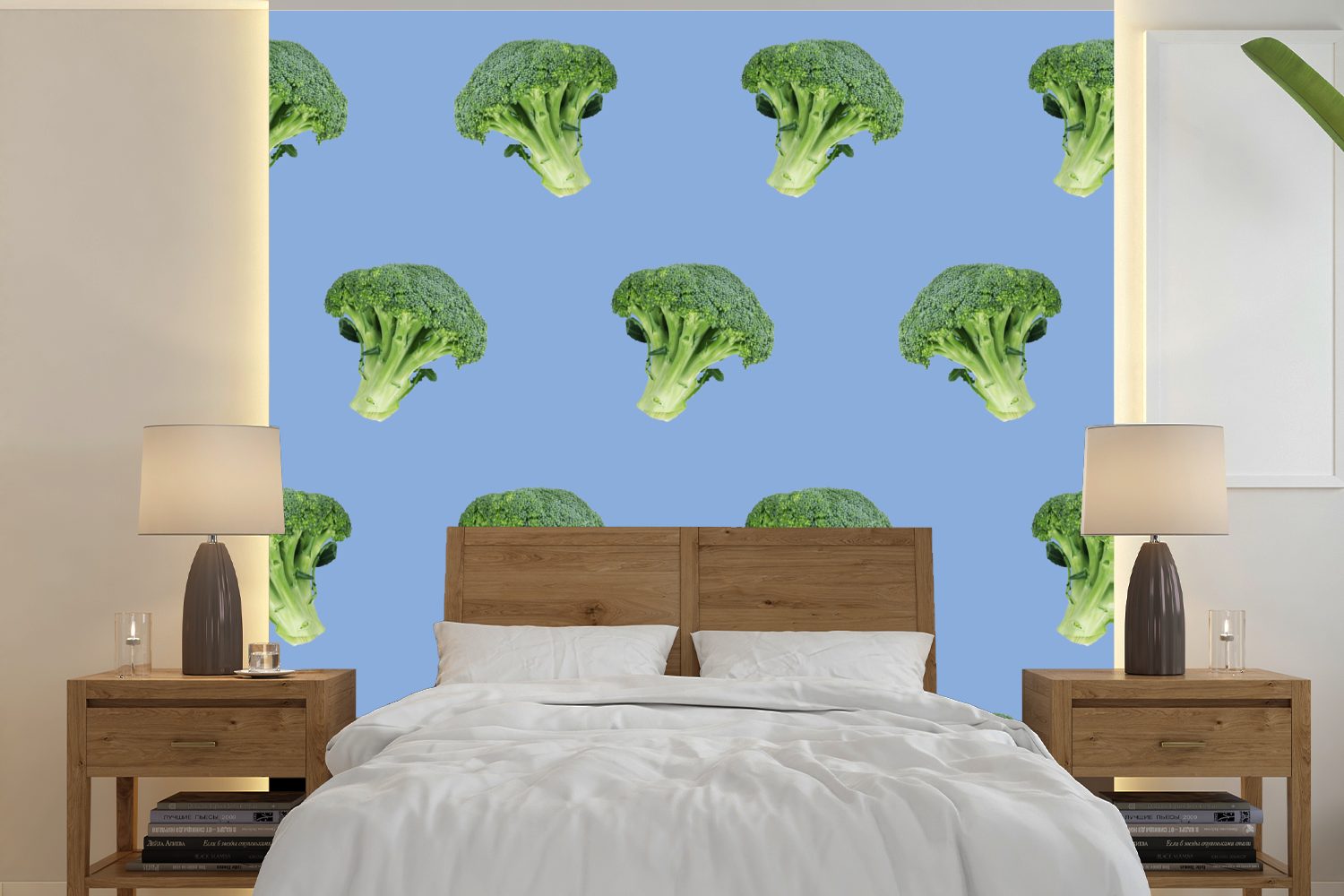 MuchoWow Fototapete Gemüse - Brokkoli - Muster, Matt, bedruckt, (5 St), Vinyl Tapete für Wohnzimmer oder Schlafzimmer, Wandtapete