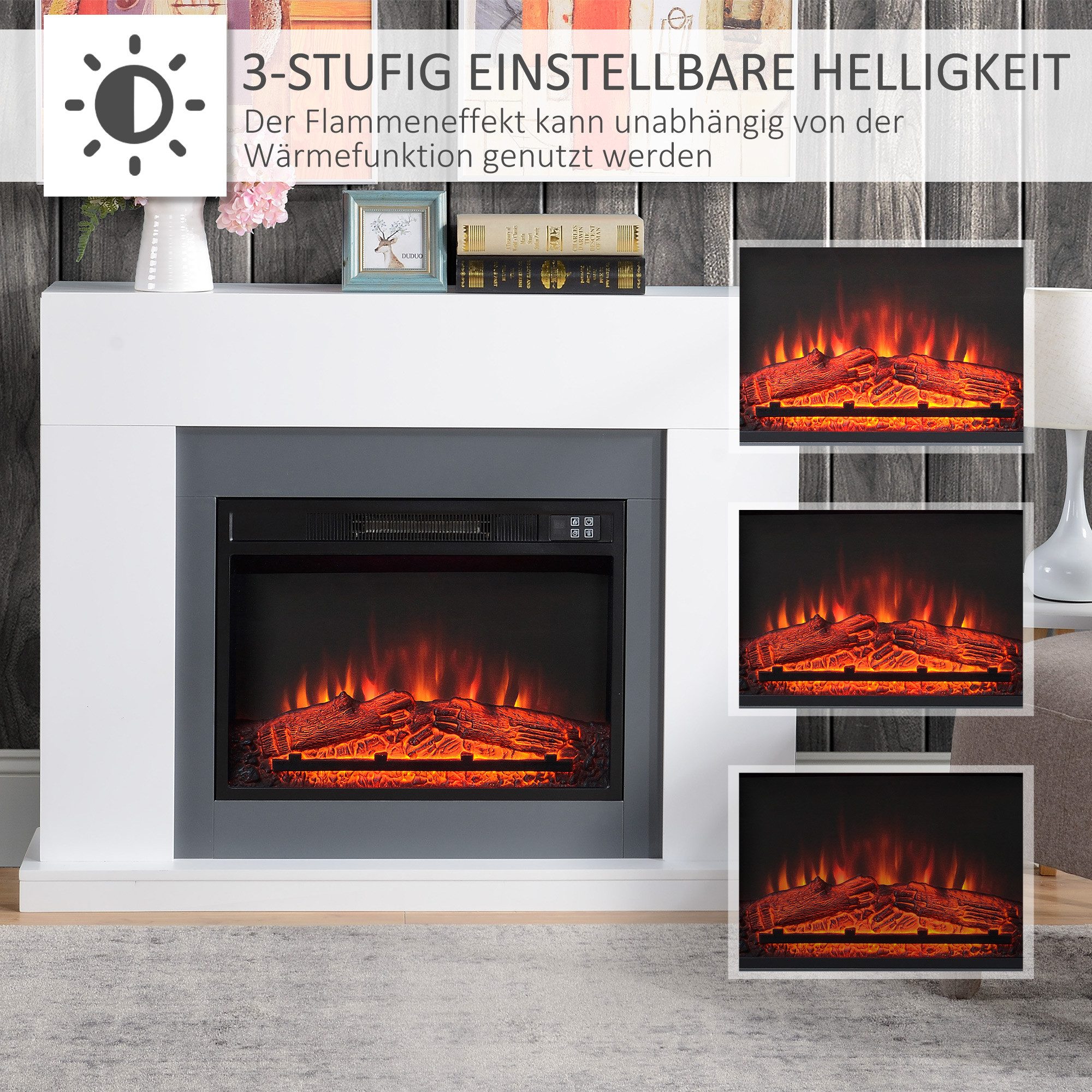 HOMCOM Elektrokamin Dekokamin mit Heizung, 3 Helligkeiten, Thermostat, Fernbedienung, LED Elektrokamin Standkamin mit Flammeneffekt 1800,2000W Weiß – Bild 4 von 5